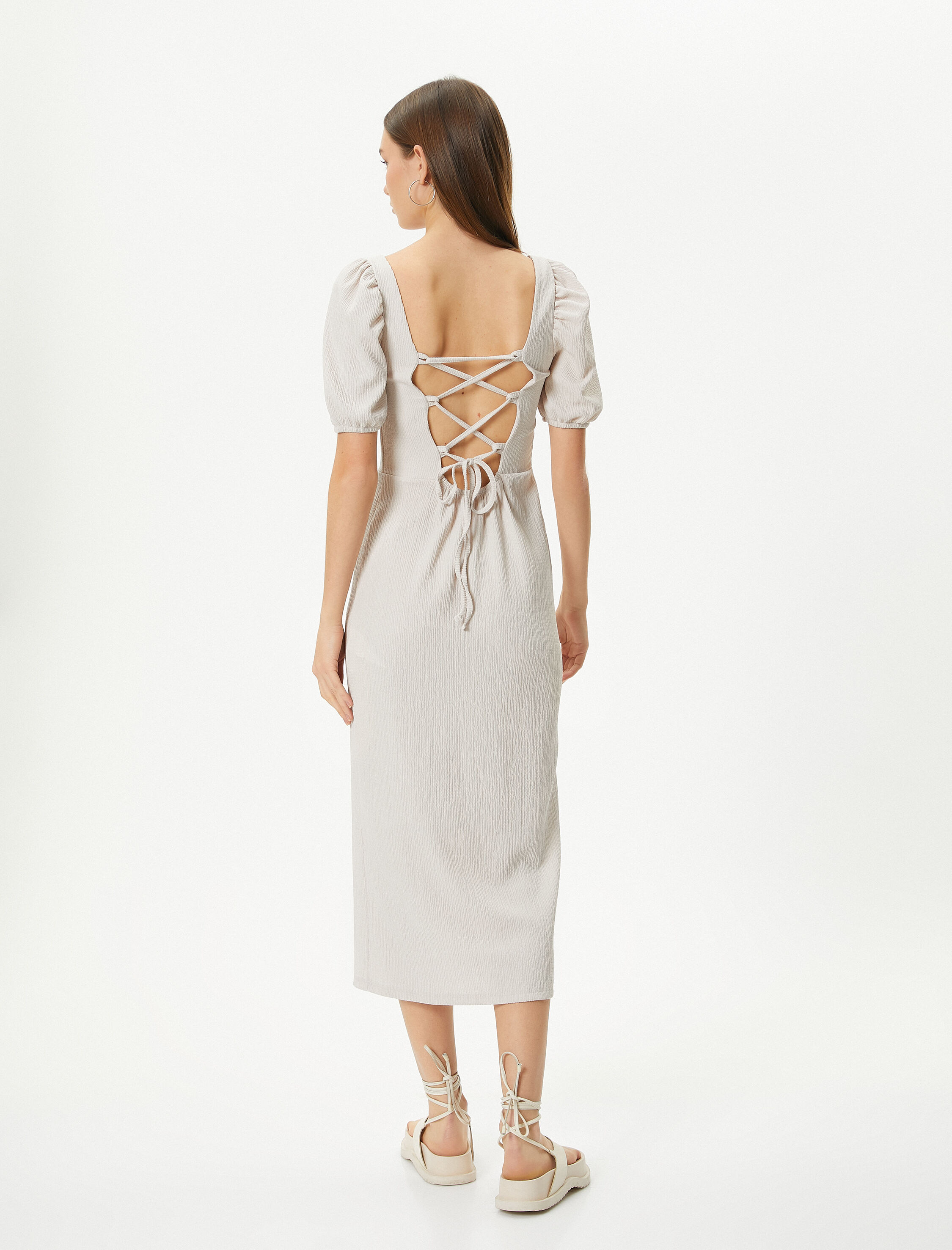 Balon Kol Elbise Midi Yırtmaç Detaylı Kısa Kollu Slim Fit Bürümcük