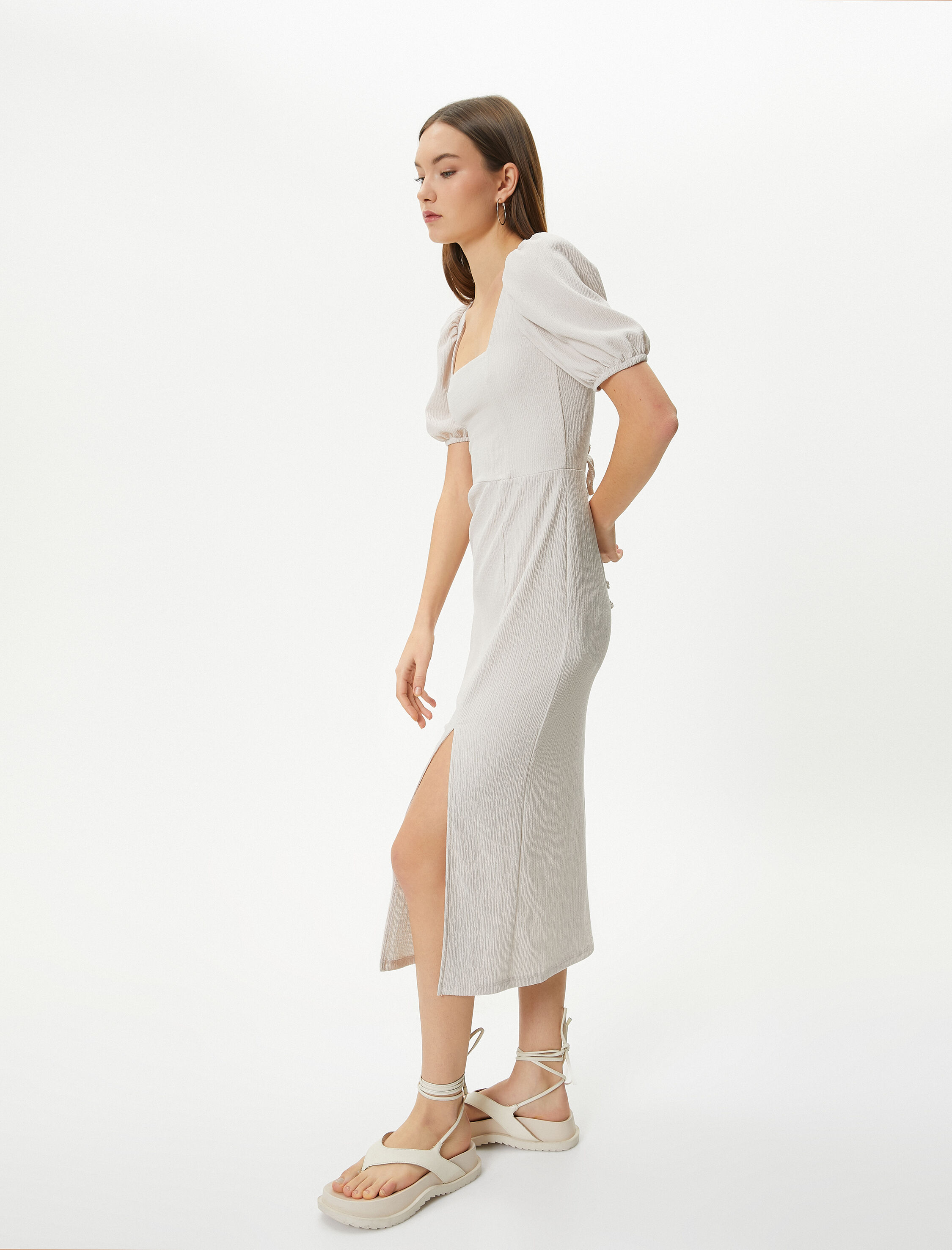 Balon Kol Elbise Midi Yırtmaç Detaylı Kısa Kollu Slim Fit Bürümcük