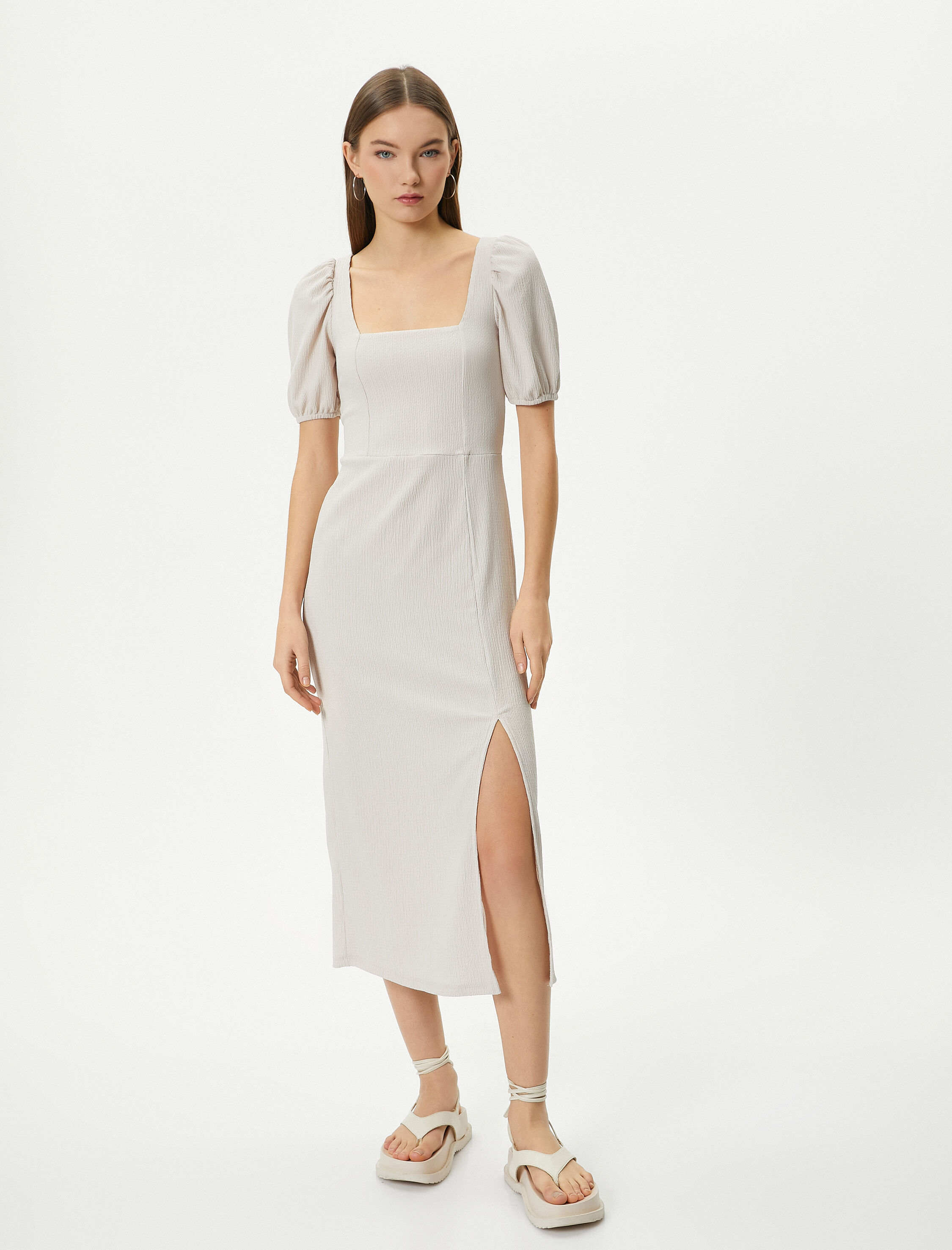 Balon Kol Elbise Midi Yırtmaç Detaylı Kısa Kollu Slim Fit Bürümcük