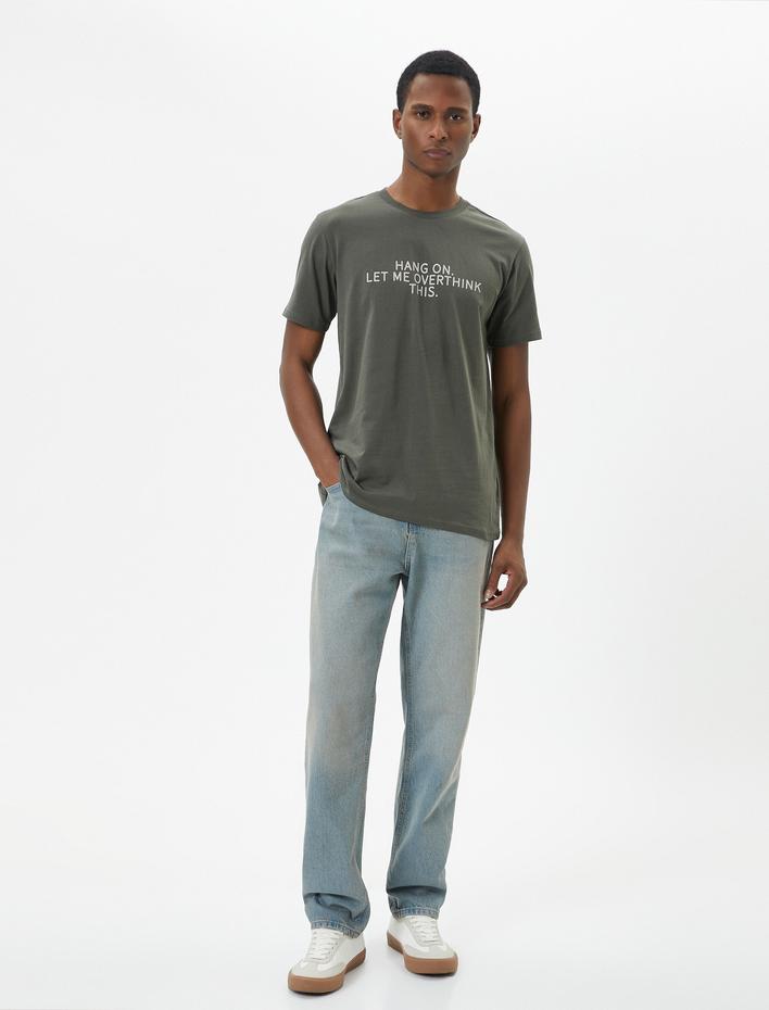  Slogan Baskılı Tişört Slim Fit Bisiklet Yaka Kısa Kollu Pamuklu