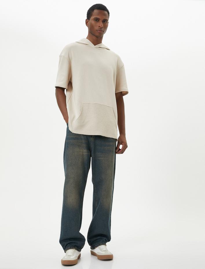  Kapşonlu Tişört Kısa Kollu Kanguru Cep Detaylı Düşük Omuzlu