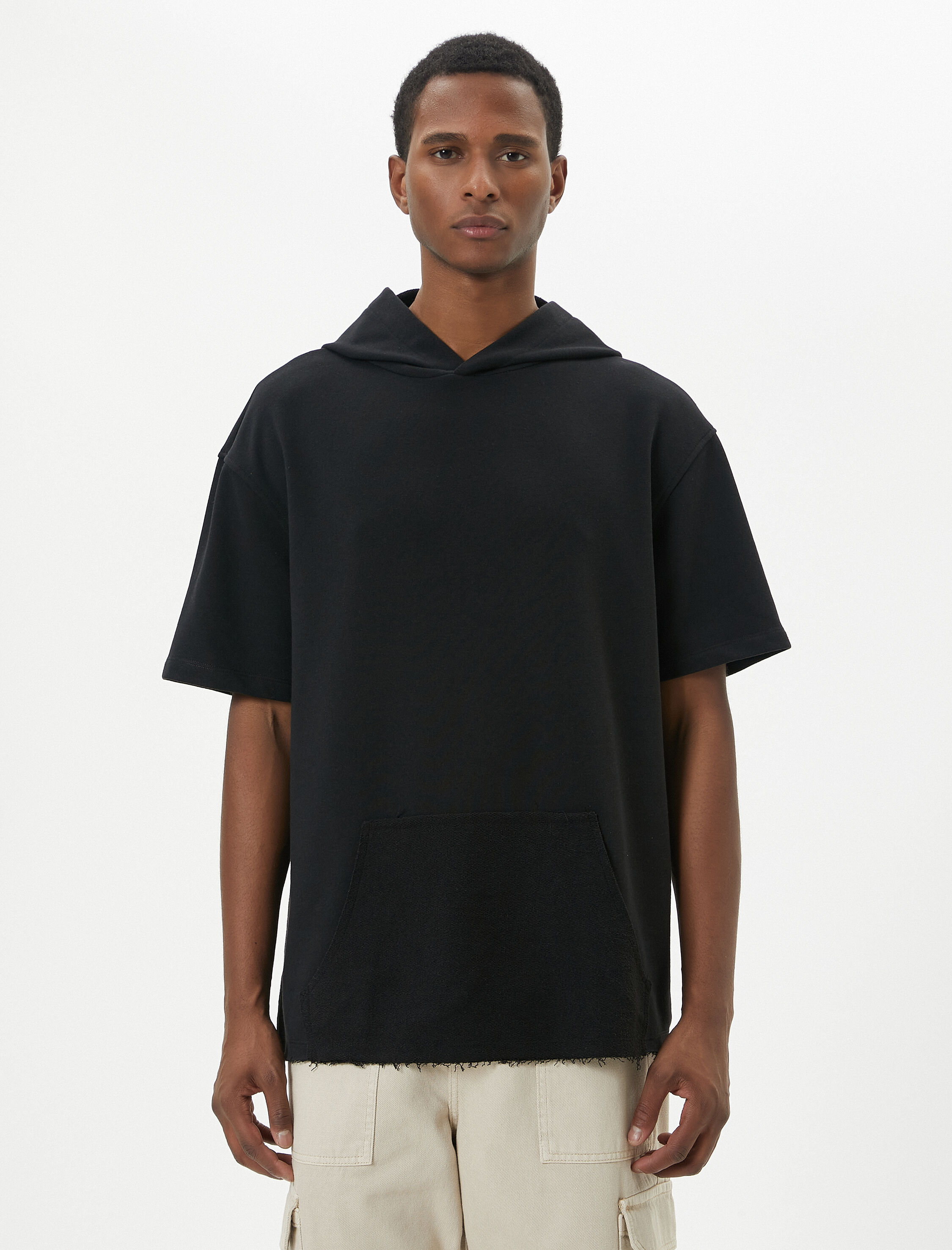   Kapşonlu Tişört Kısa Kollu Kanguru Cep Detaylı Düşük Omuzlu