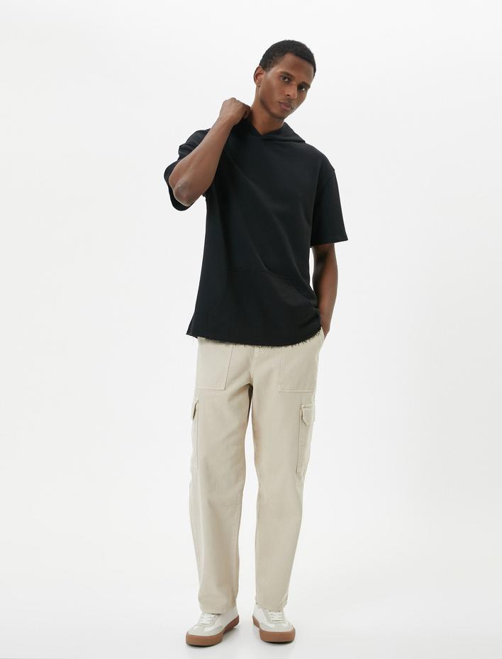  Kapşonlu Tişört Kısa Kollu Kanguru Cep Detaylı Düşük Omuzlu