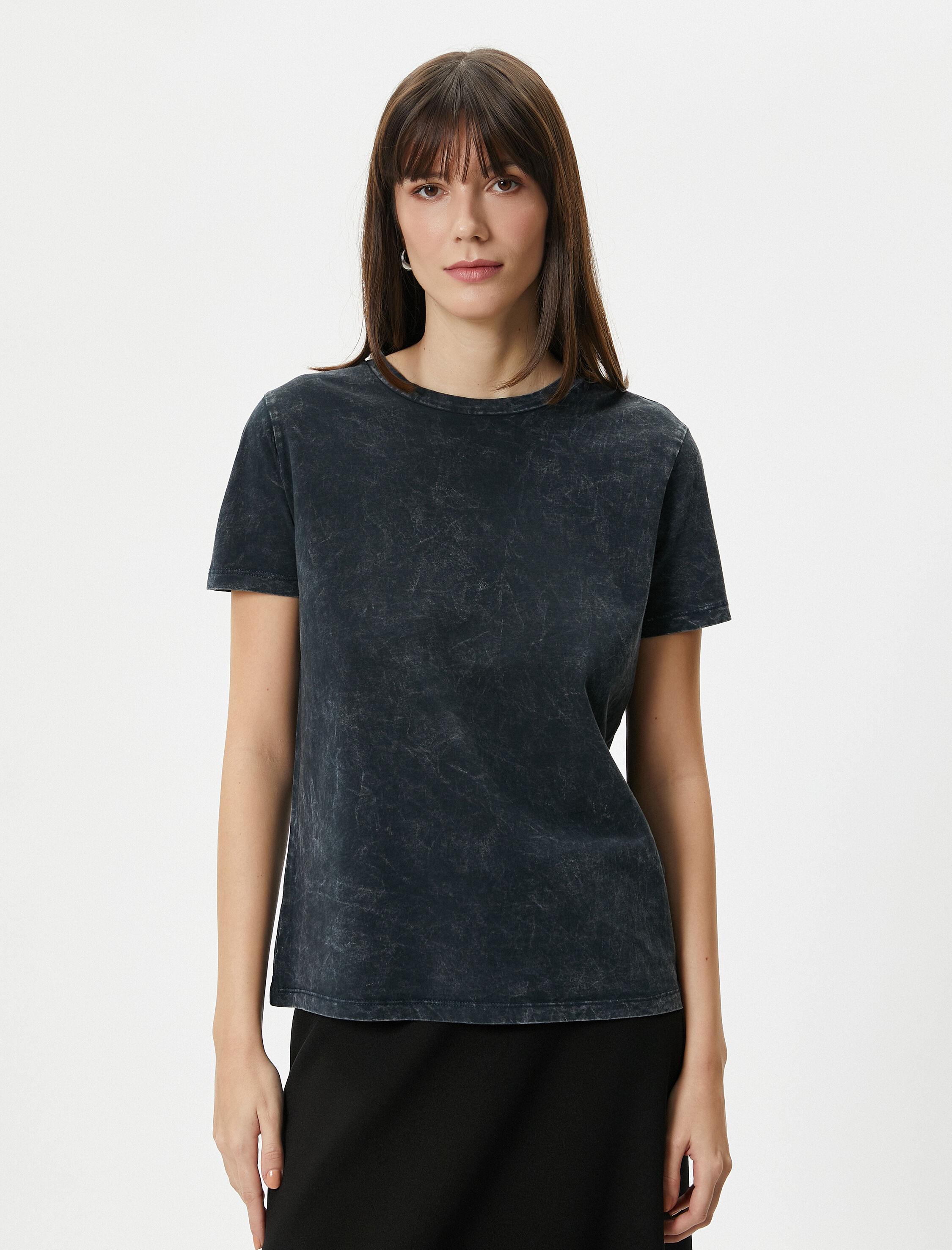   Bisiklet Yaka Tişört Kısa Kollu Soluk Efektli Pamuklu