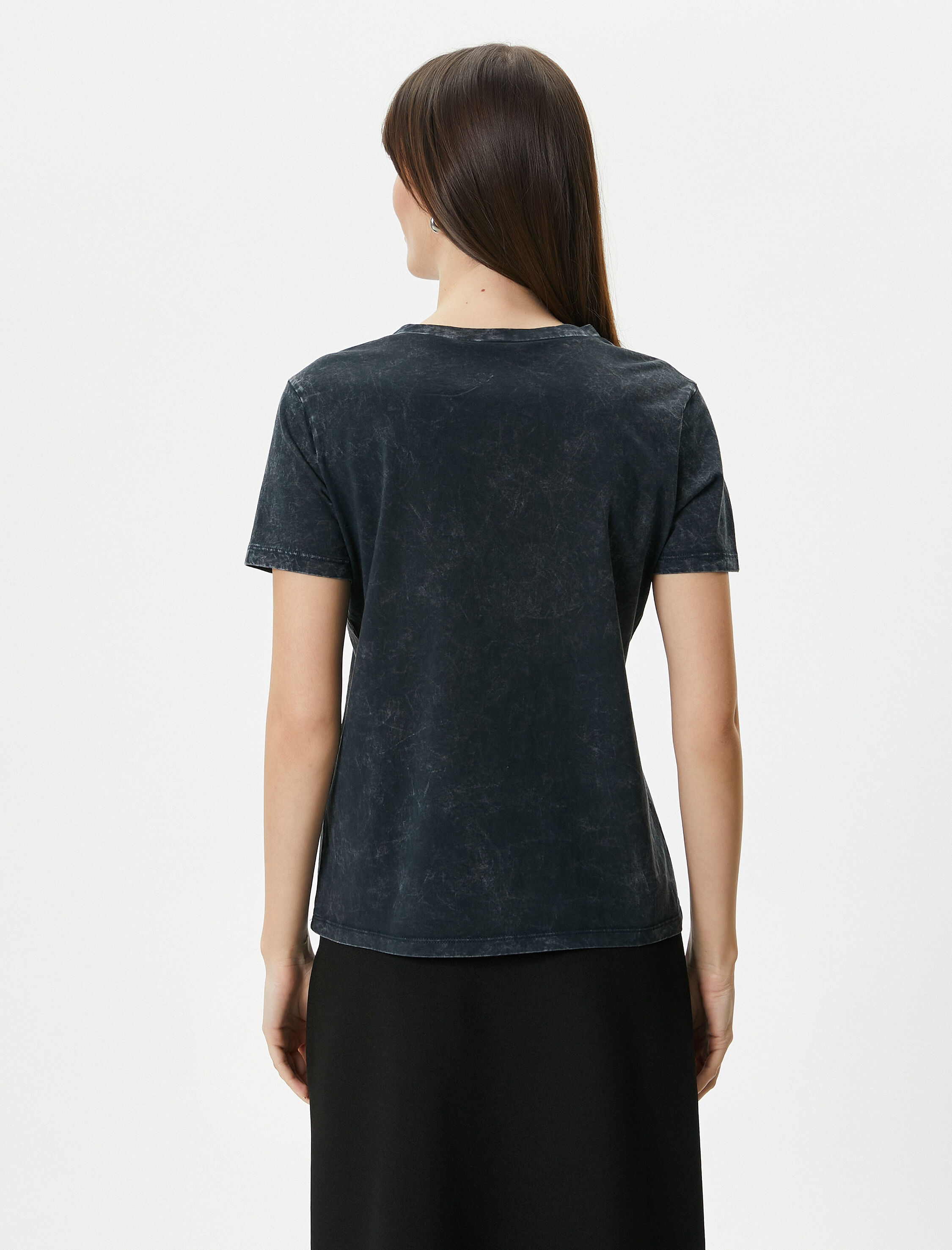   Bisiklet Yaka Tişört Kısa Kollu Soluk Efektli Pamuklu