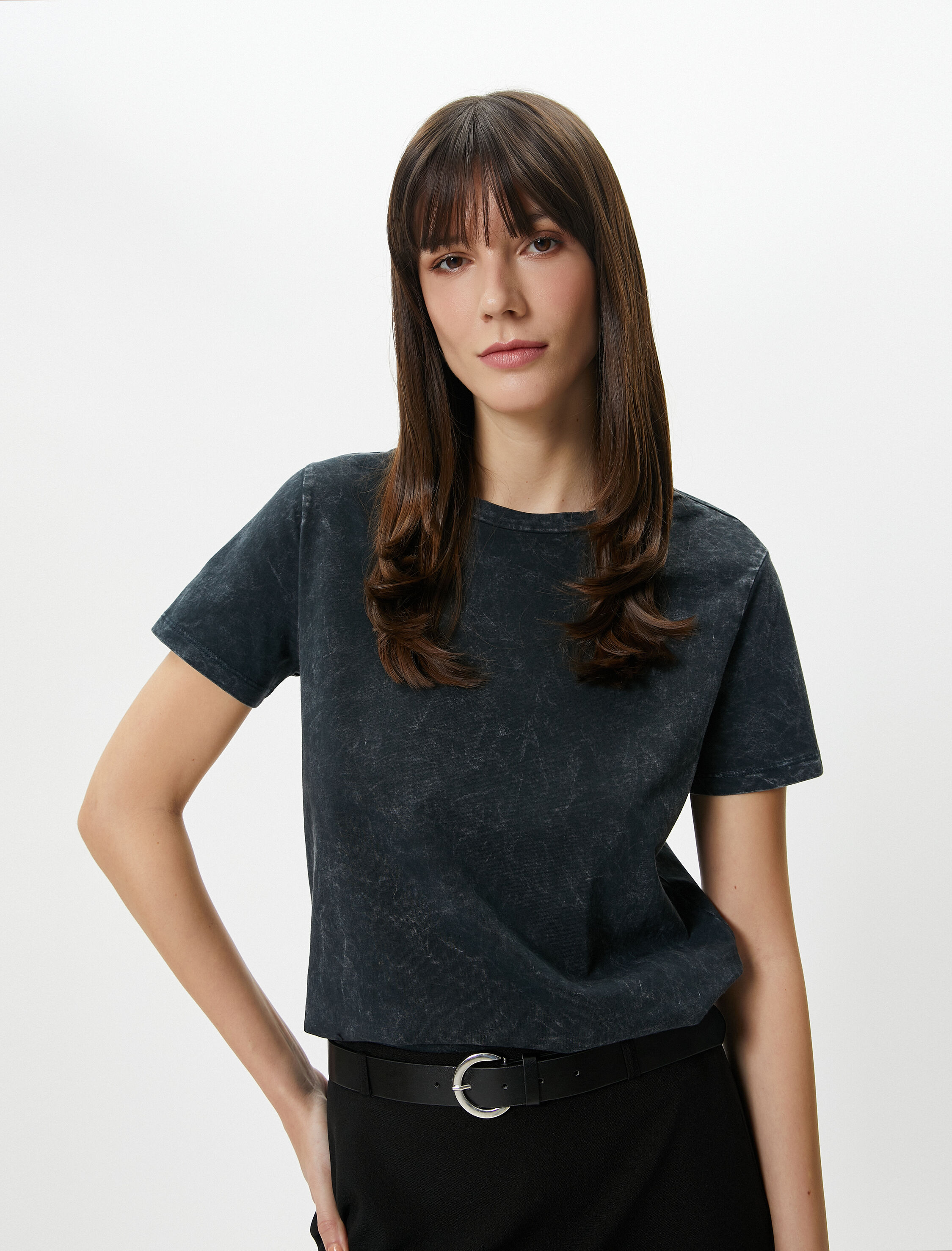   Bisiklet Yaka Tişört Kısa Kollu Soluk Efektli Pamuklu