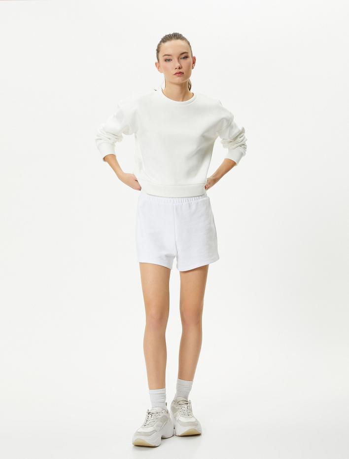  Şardonlu Basic Spor Crop Sweatshirt Rahat Kalıp Pamuklu Bisiklet Yaka Uzun Kollu