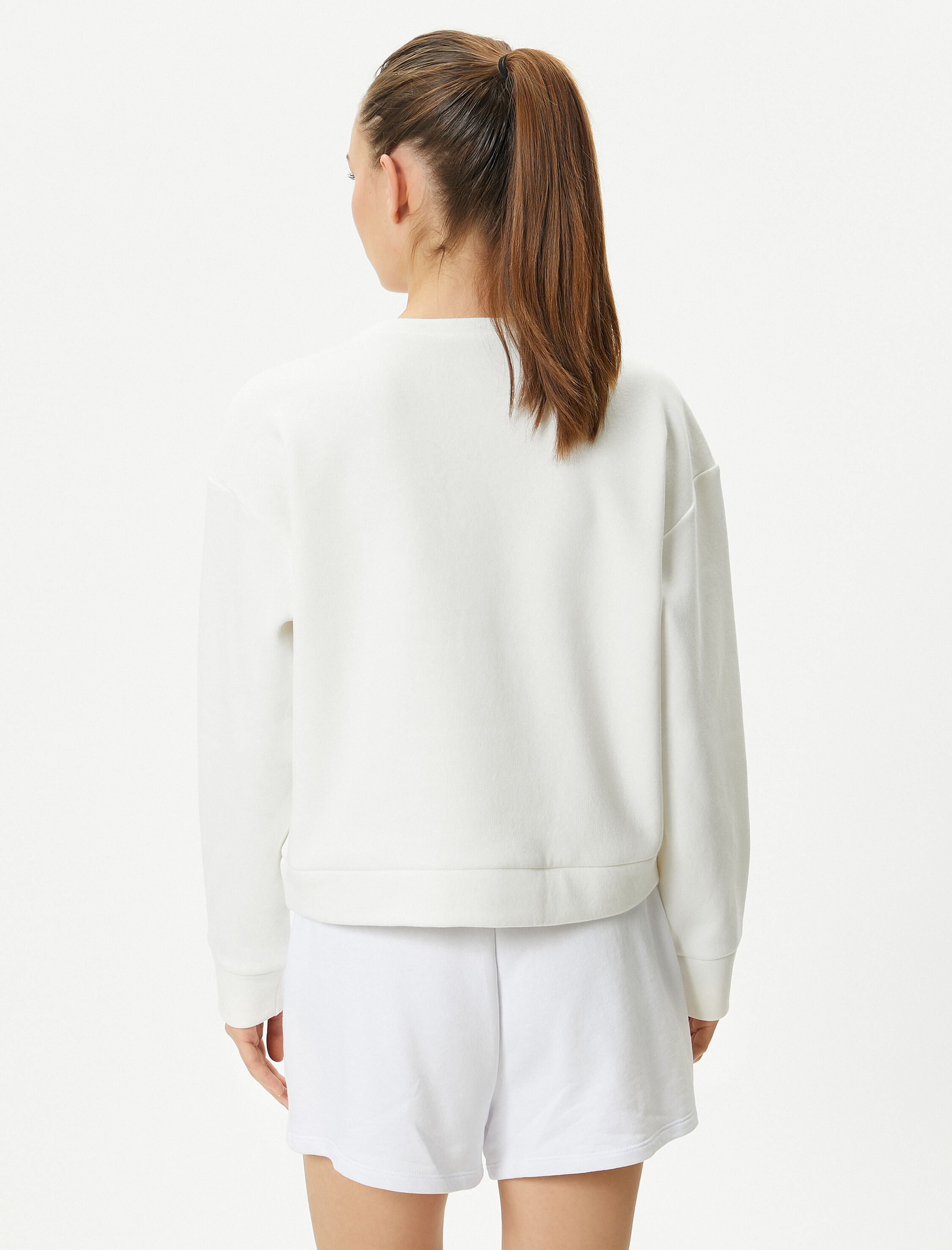   Şardonlu Basic Spor Crop Sweatshirt Rahat Kalıp Pamuklu Bisiklet Yaka Uzun Kollu