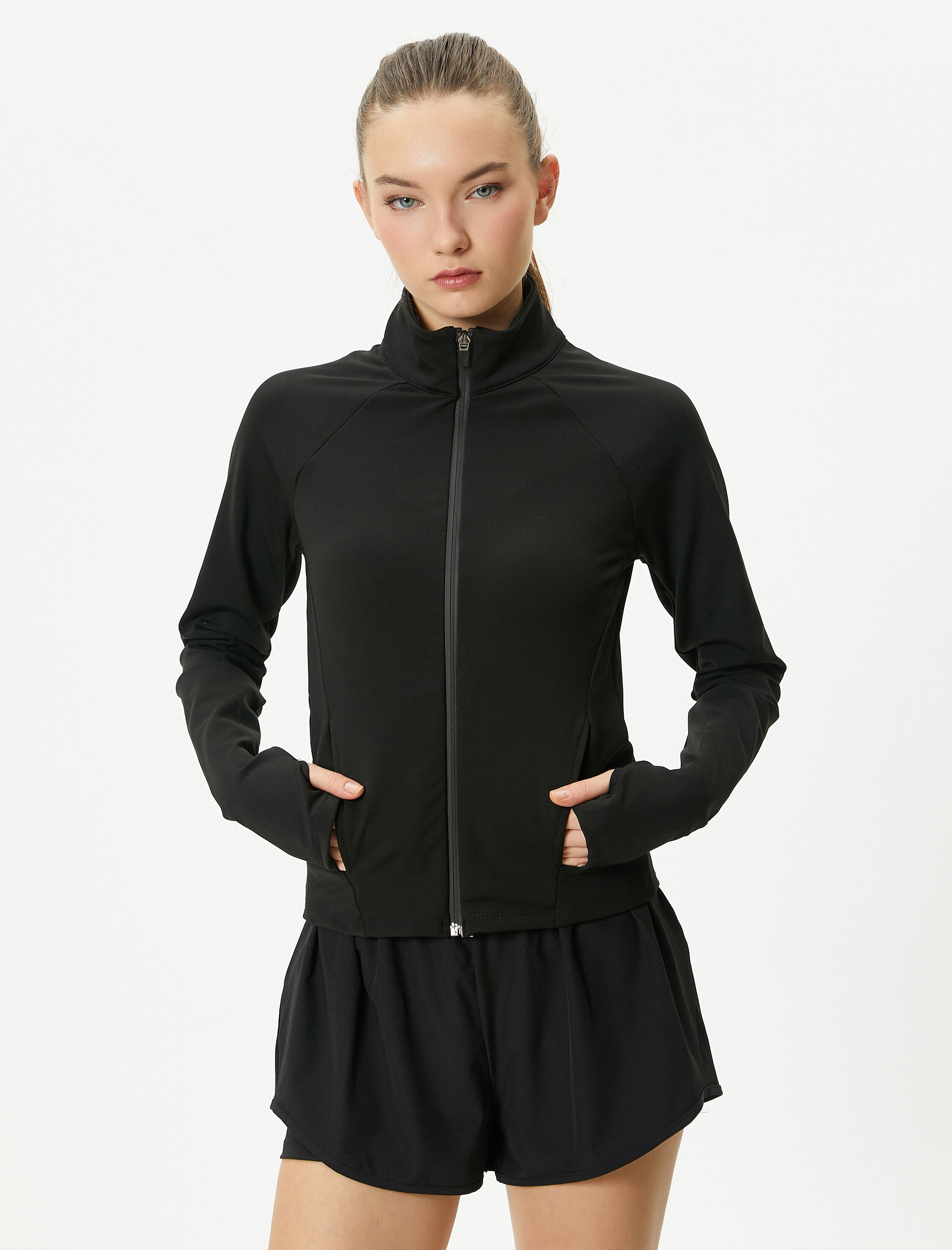   Spor Ceket Fermuarlı Dik Yaka Cepli Uzun Kollu