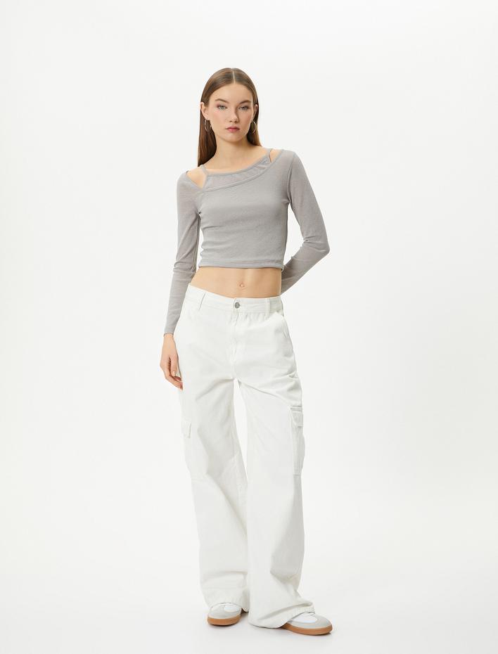  Omzu Açık Crop Tişört Çift Asimetrik Yaka Uzun Kollu Slim Fit
