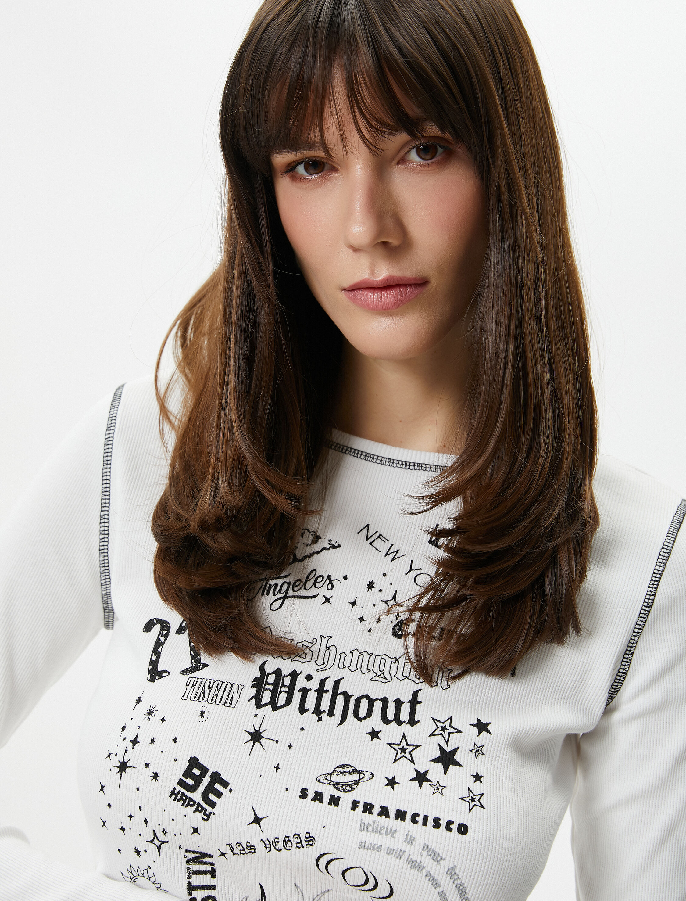   Baskılı Tişört Uzun Kollu Bisiklet Yaka Slim Fit