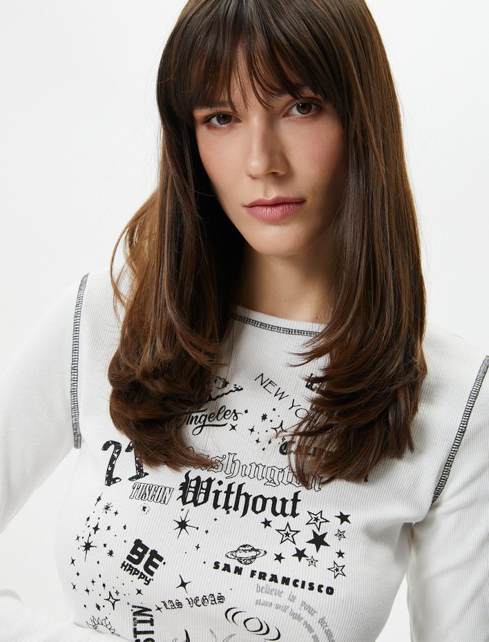  Baskılı Tişört Uzun Kollu Bisiklet Yaka Slim Fit