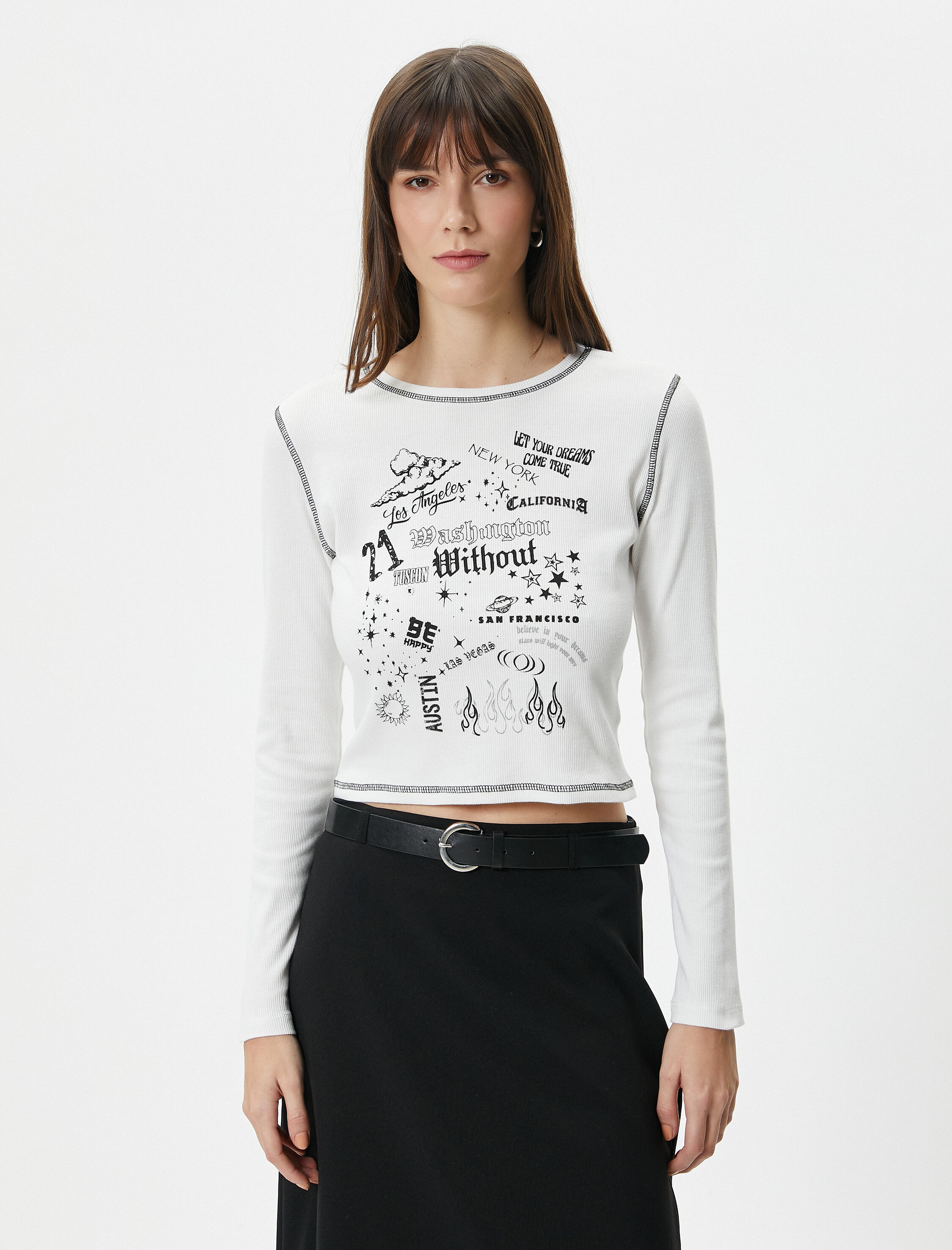   Baskılı Tişört Uzun Kollu Bisiklet Yaka Slim Fit