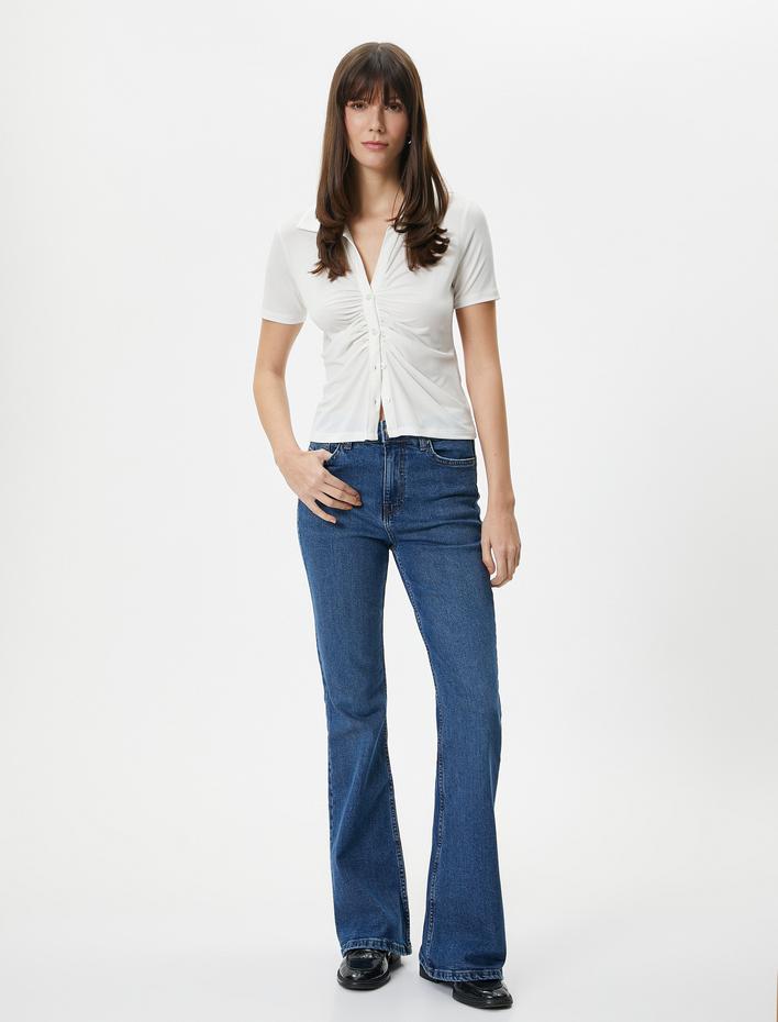  Kısa Kollu Gömlek Drapeli Düğmeli