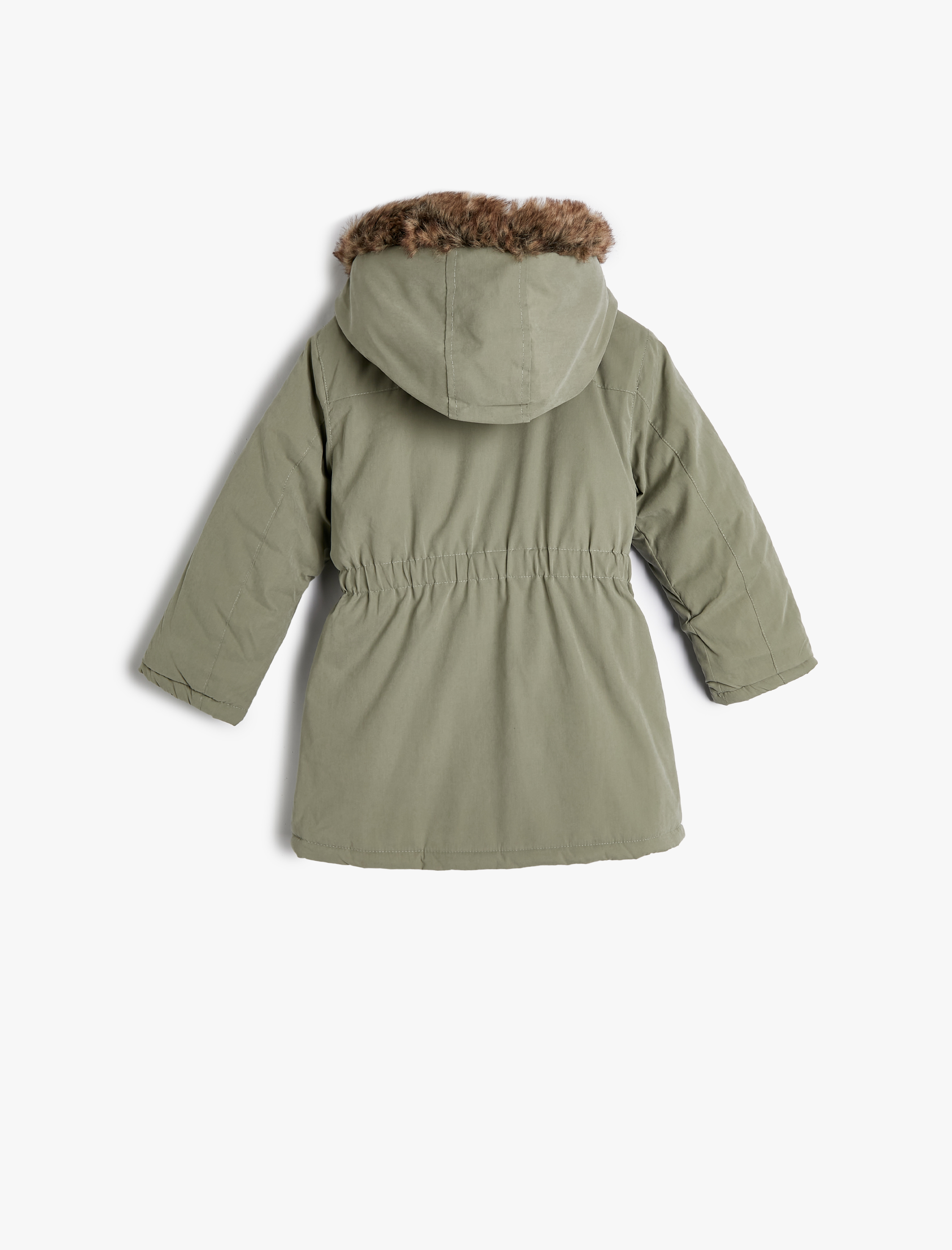  Kız Çocuk Uzun Kaban İçi Suni Kürklü Kapüşonlu Fermuarlı ve Rüzgar Kapaklı Çıtçıt Kapamalı Cepli