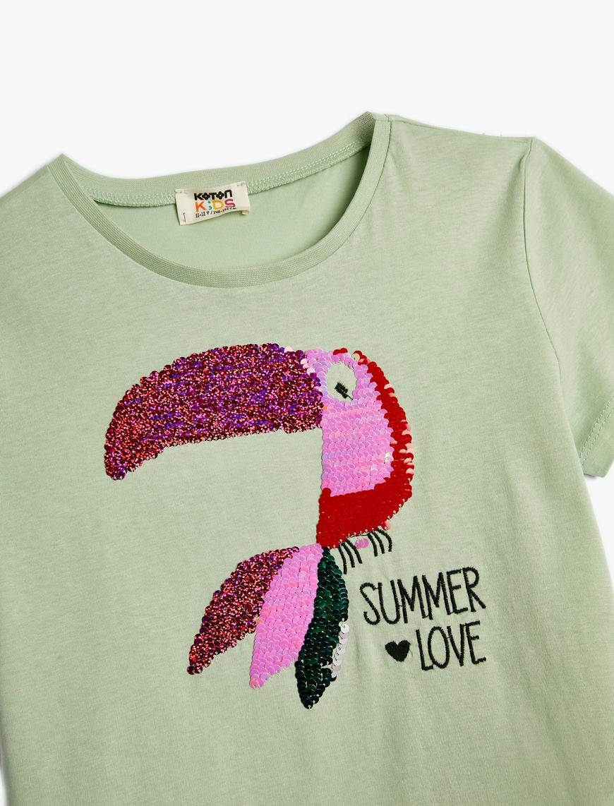  Kız Çocuk Papağanlı Tişört Pullu Payetli Kısa Kollu Pamuklu