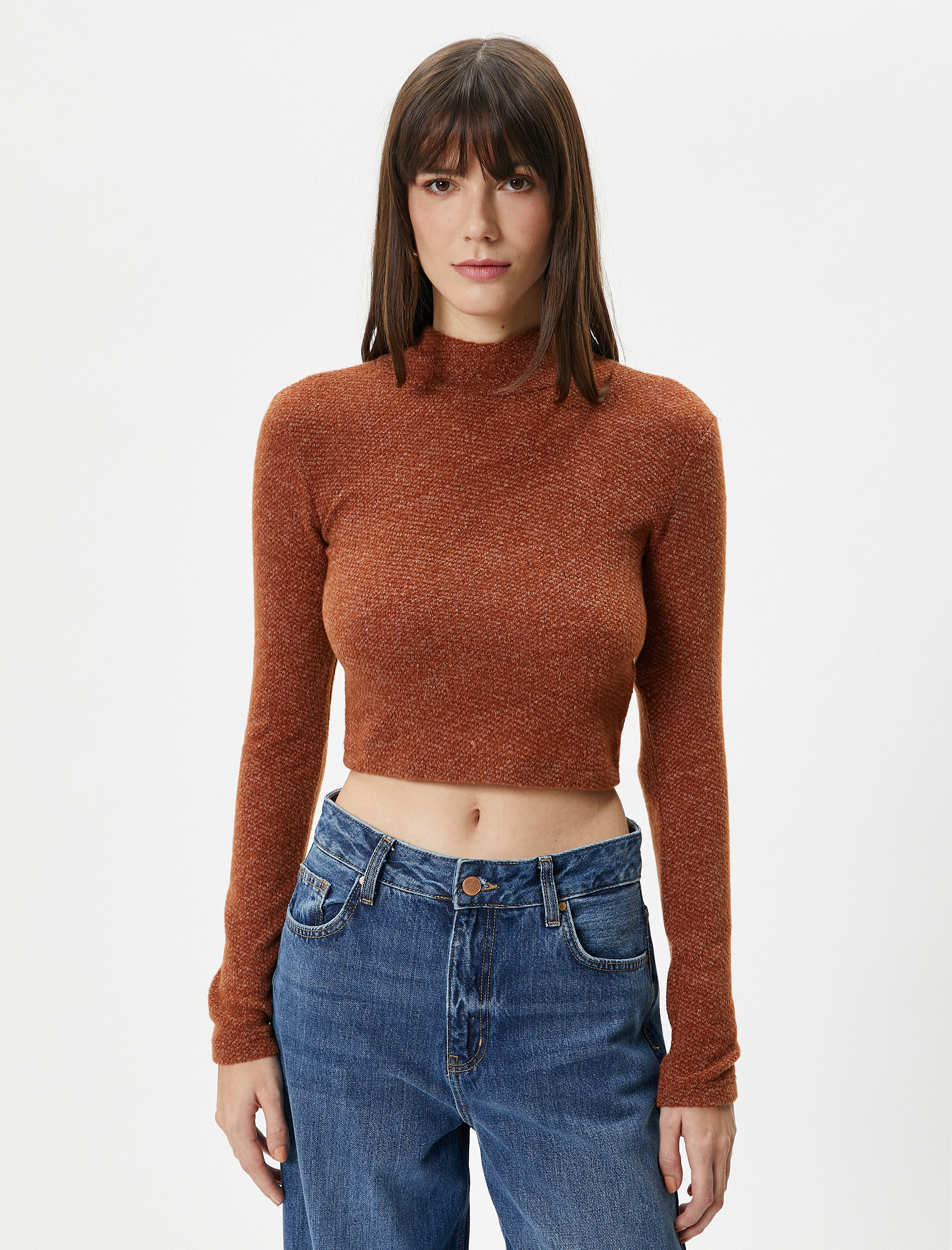   Crop Tişört Uzun Kollu Dik Yaka