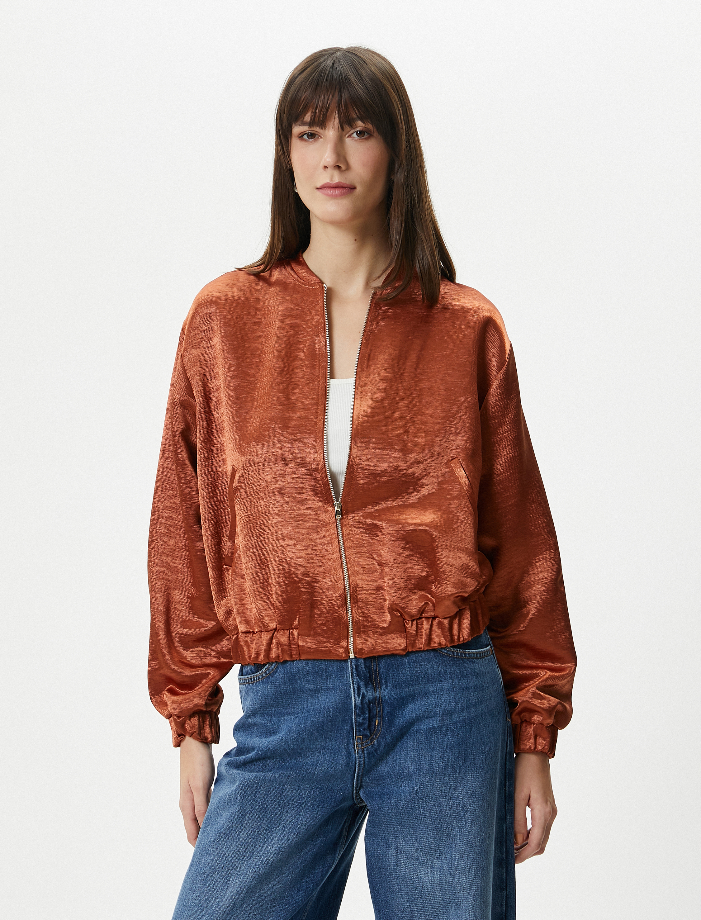   Bomber Ceket Fermuarlı Jakarlı Viskon Cepli