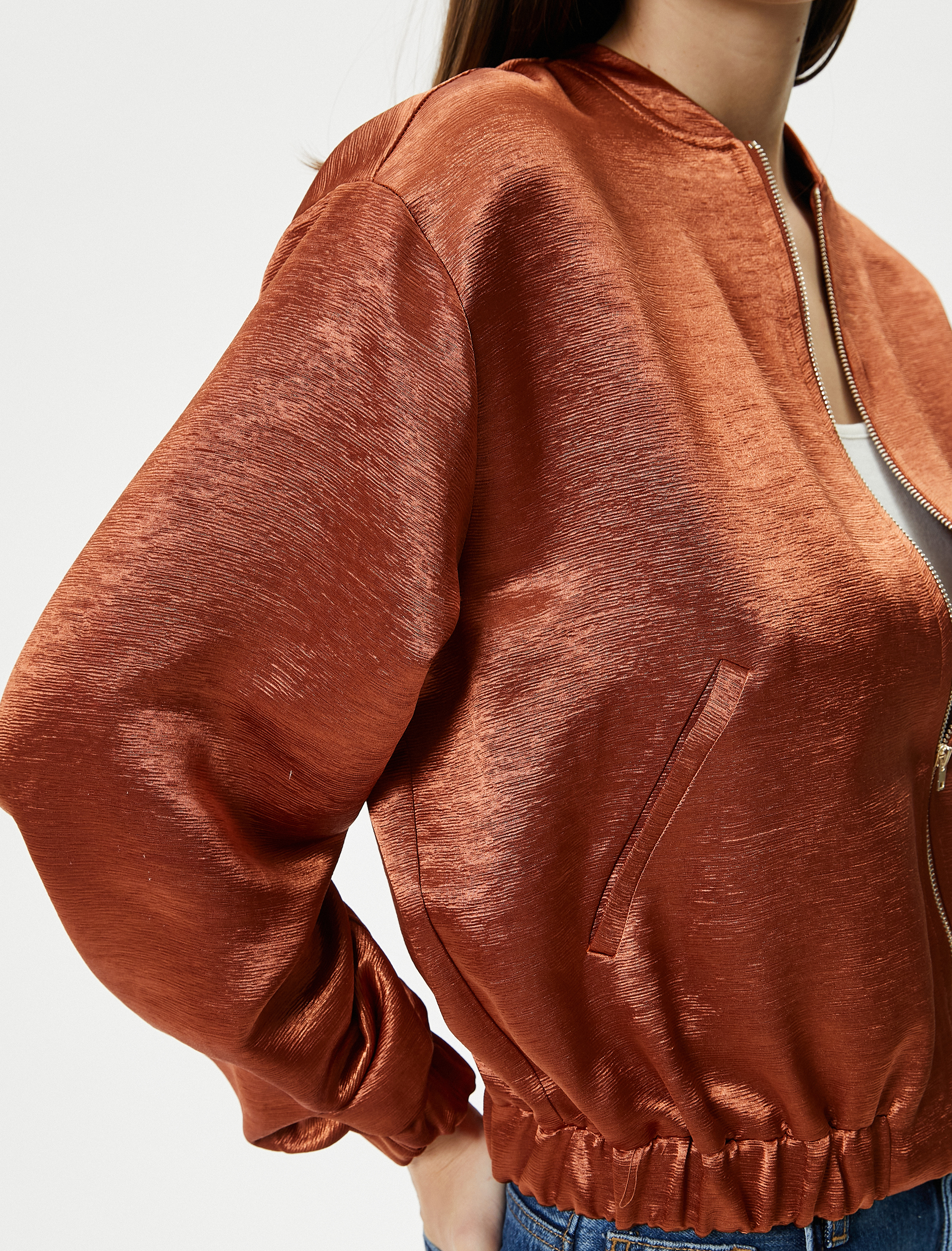   Bomber Ceket Fermuarlı Jakarlı Viskon Cepli