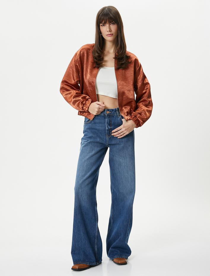  Bomber Ceket Fermuarlı Jakarlı Viskon Cepli