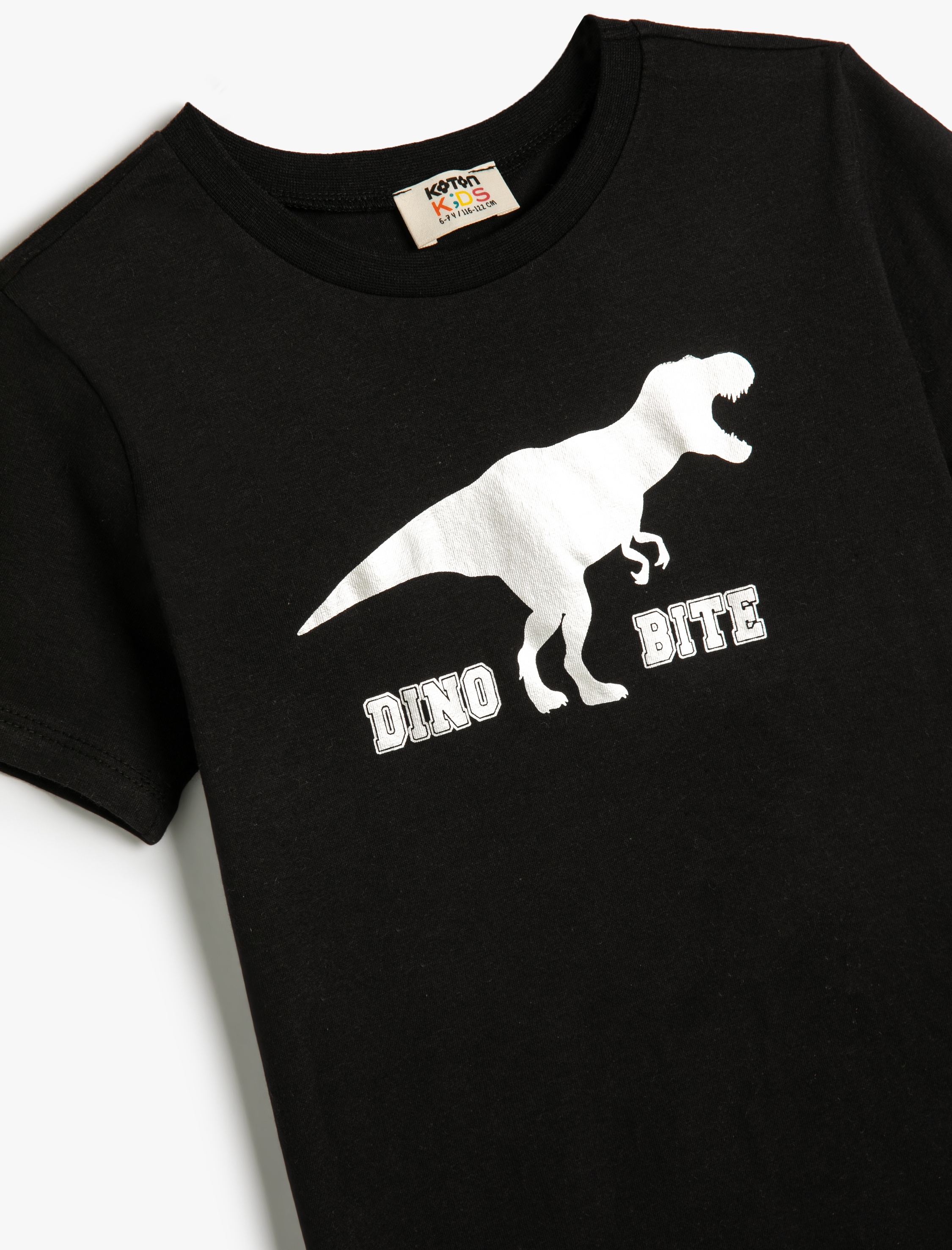  Erkek Çocuk Metalik Baskı Detaylı Dinozorlu Tişört Kısa Kollu Bisiklet Yaka Pamuklu