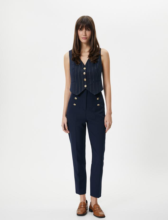  V Yaka Yelek Gold Düğmeli Fleto Cepli