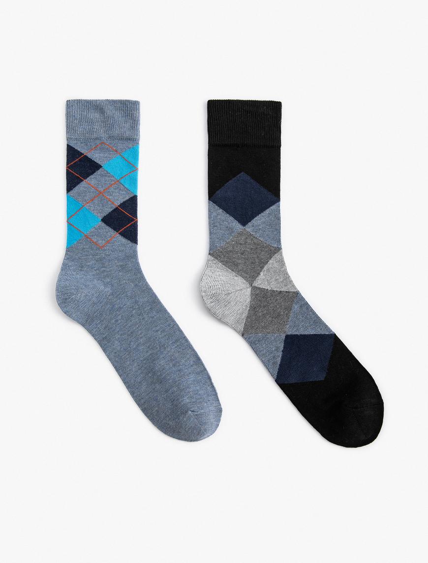  Erkek 2'li Soket Çorap Seti Geometrik Desenli