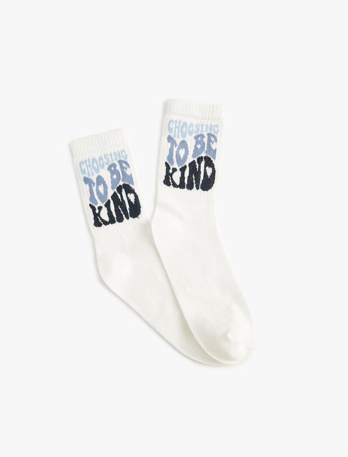Kadın Slogan Desenli Soket Çorap