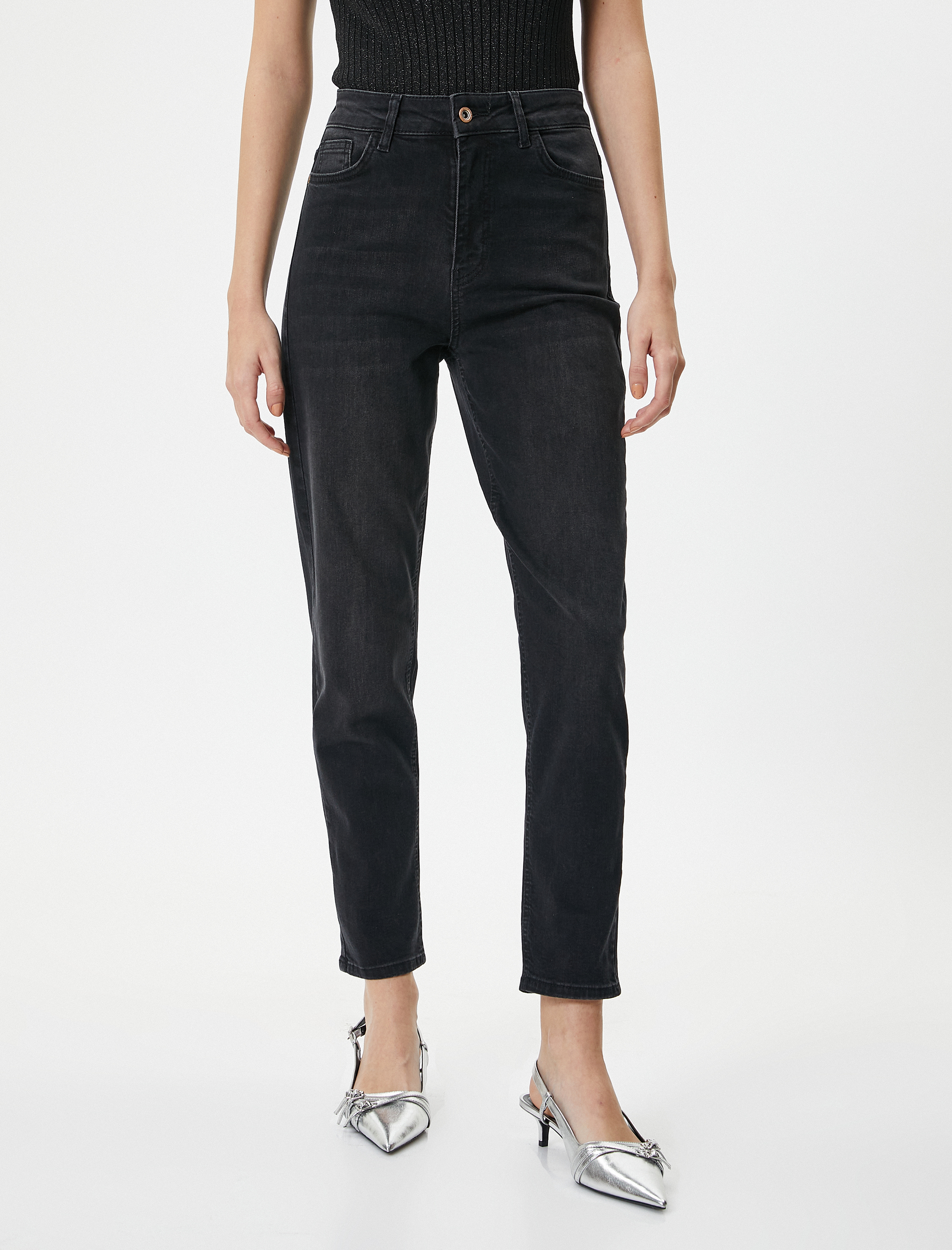   Yüksek Bel Mom Kot Pantolon Esnek Cepli Dar Kalıp Pamuklu - Slim Mom Jean