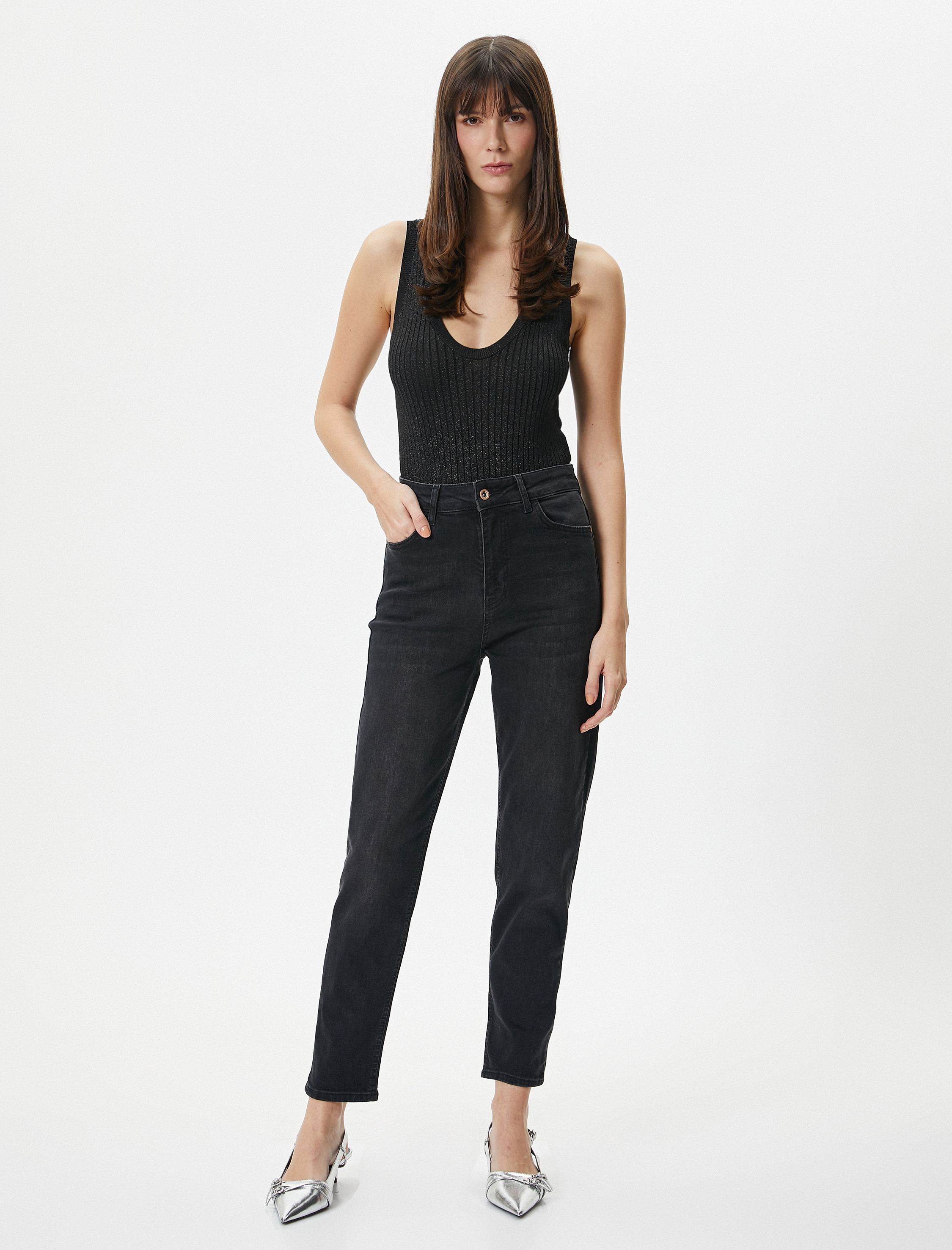   Yüksek Bel Mom Kot Pantolon Esnek Cepli Dar Kalıp Pamuklu - Slim Mom Jean