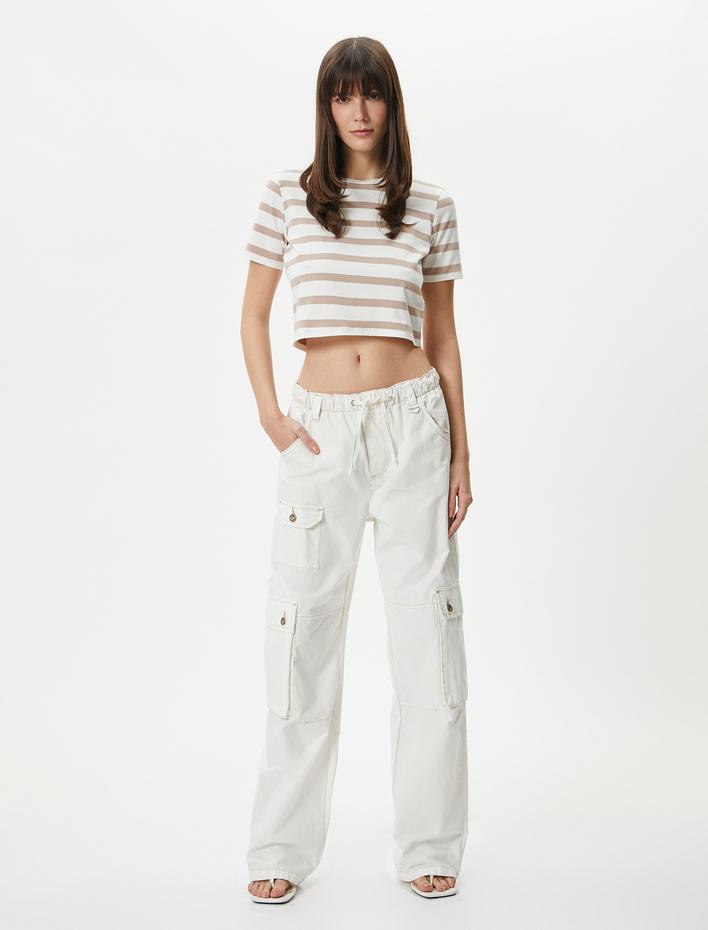  Crop Tişört Bisiklet Yaka Kısa Kollu Pamuklu