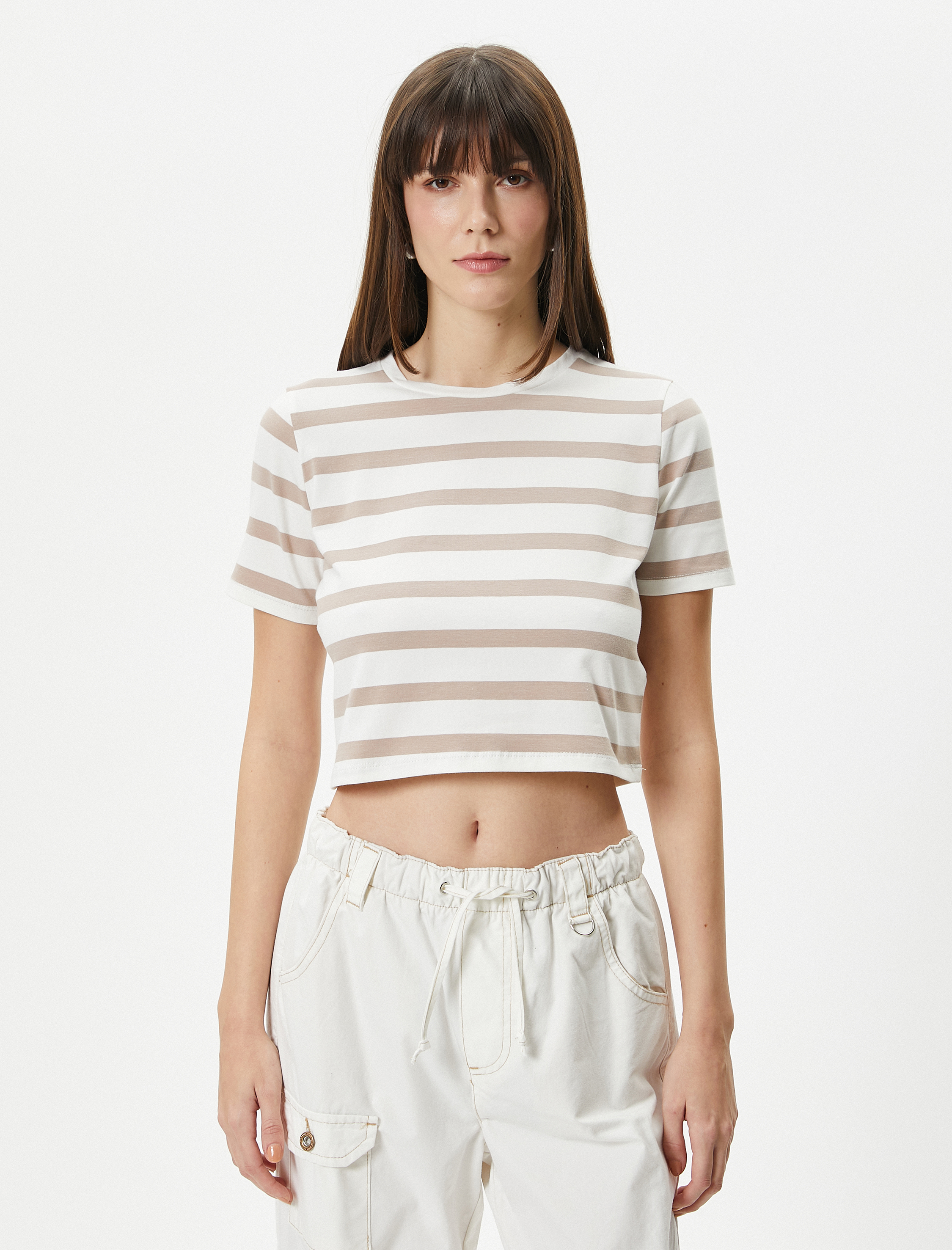   Crop Tişört Bisiklet Yaka Kısa Kollu Pamuklu