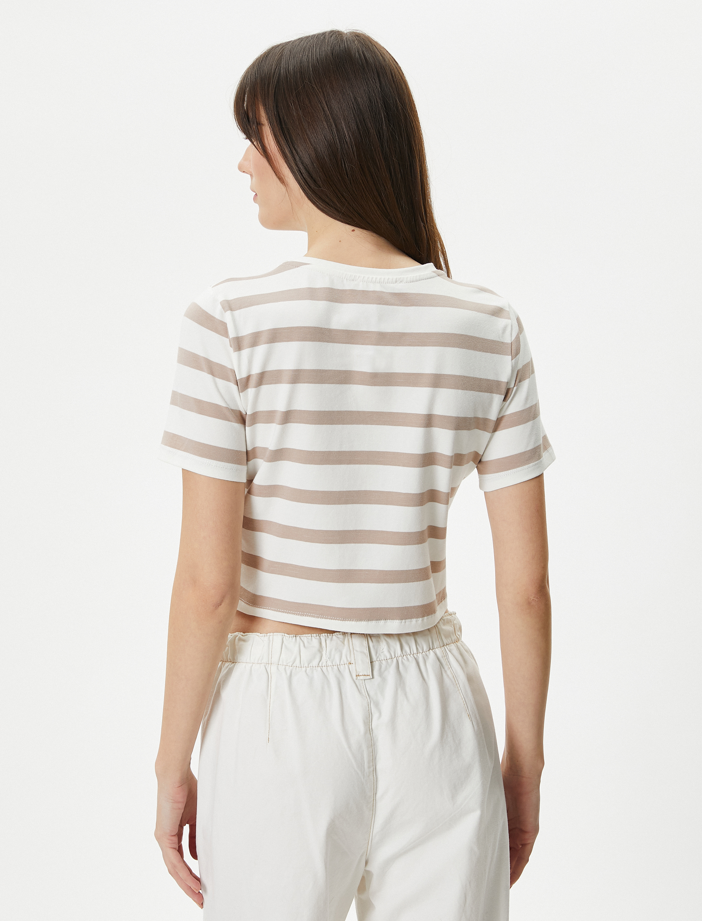   Crop Tişört Bisiklet Yaka Kısa Kollu Pamuklu