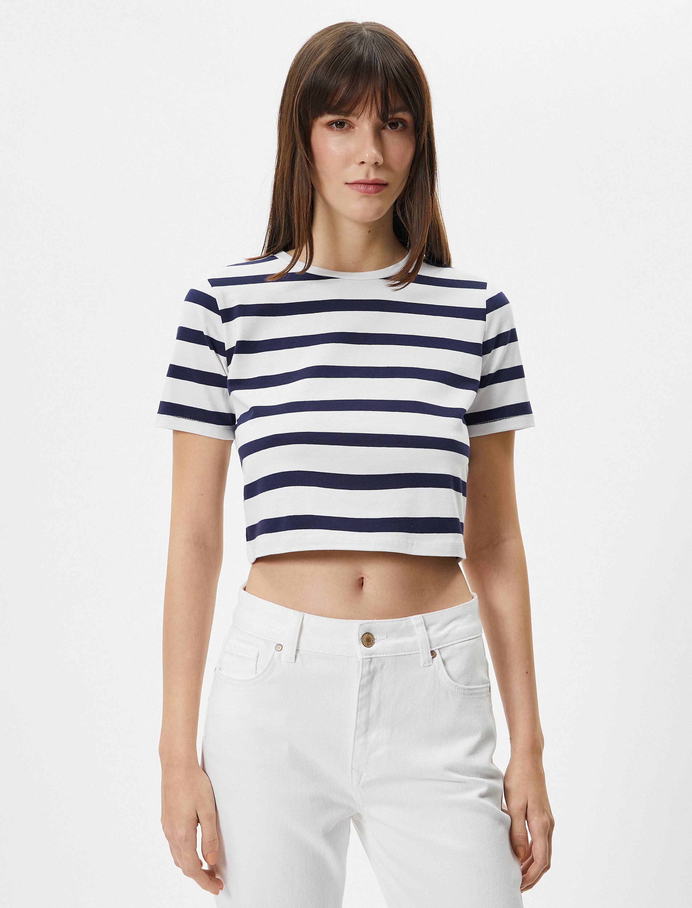   Crop Tişört Bisiklet Yaka Kısa Kollu Pamuklu