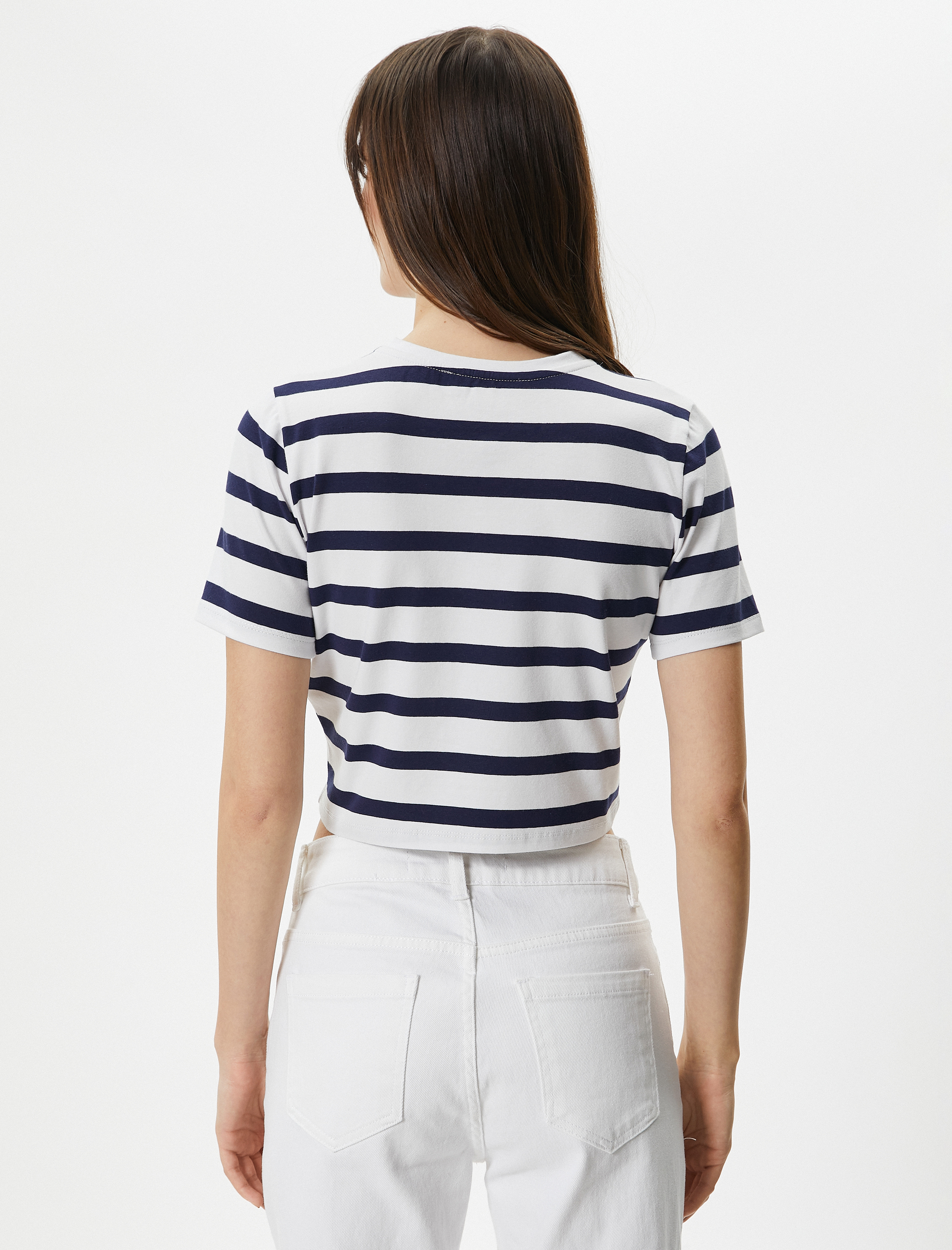   Crop Tişört Bisiklet Yaka Kısa Kollu Pamuklu