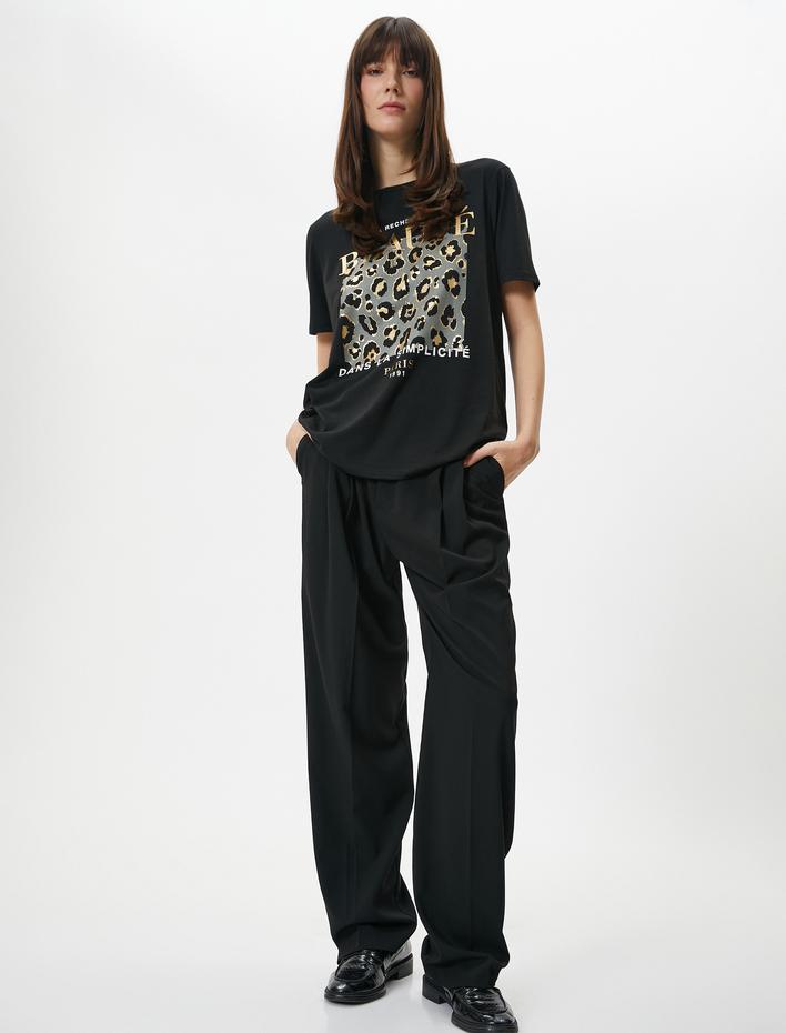  Leopar Baskılı Tişört Bisiklet Yaka Kısa Kollu