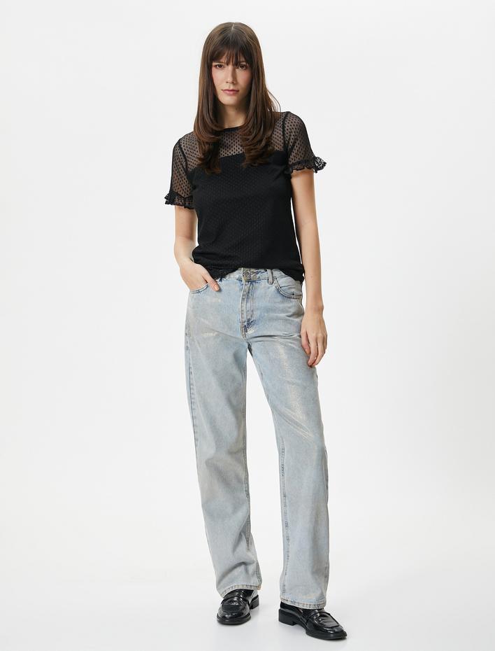  Dantelli Tişört Kısa Kollu Bisiklet Yaka