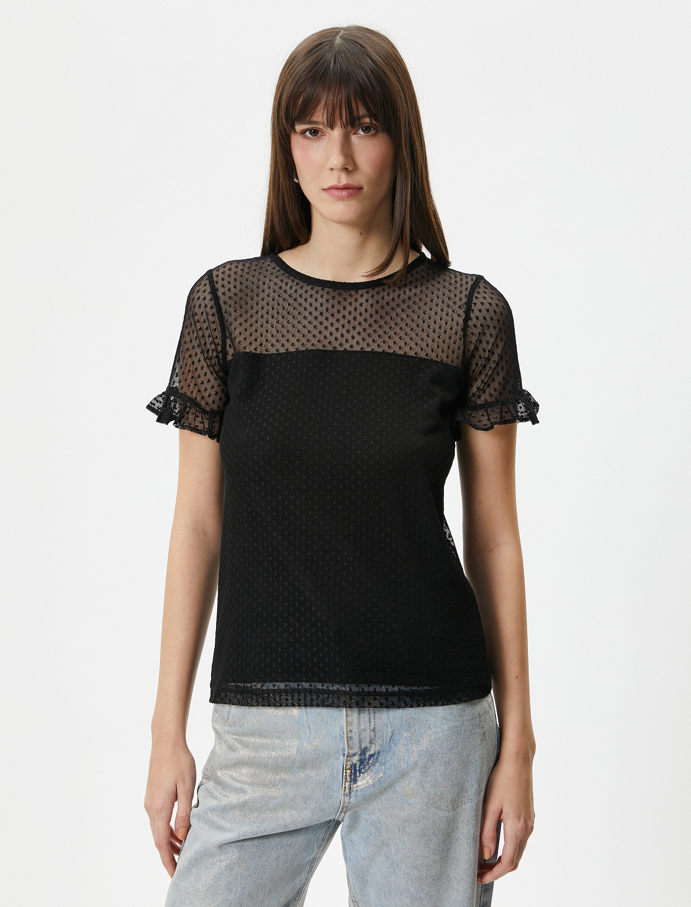   Dantelli Tişört Kısa Kollu Bisiklet Yaka