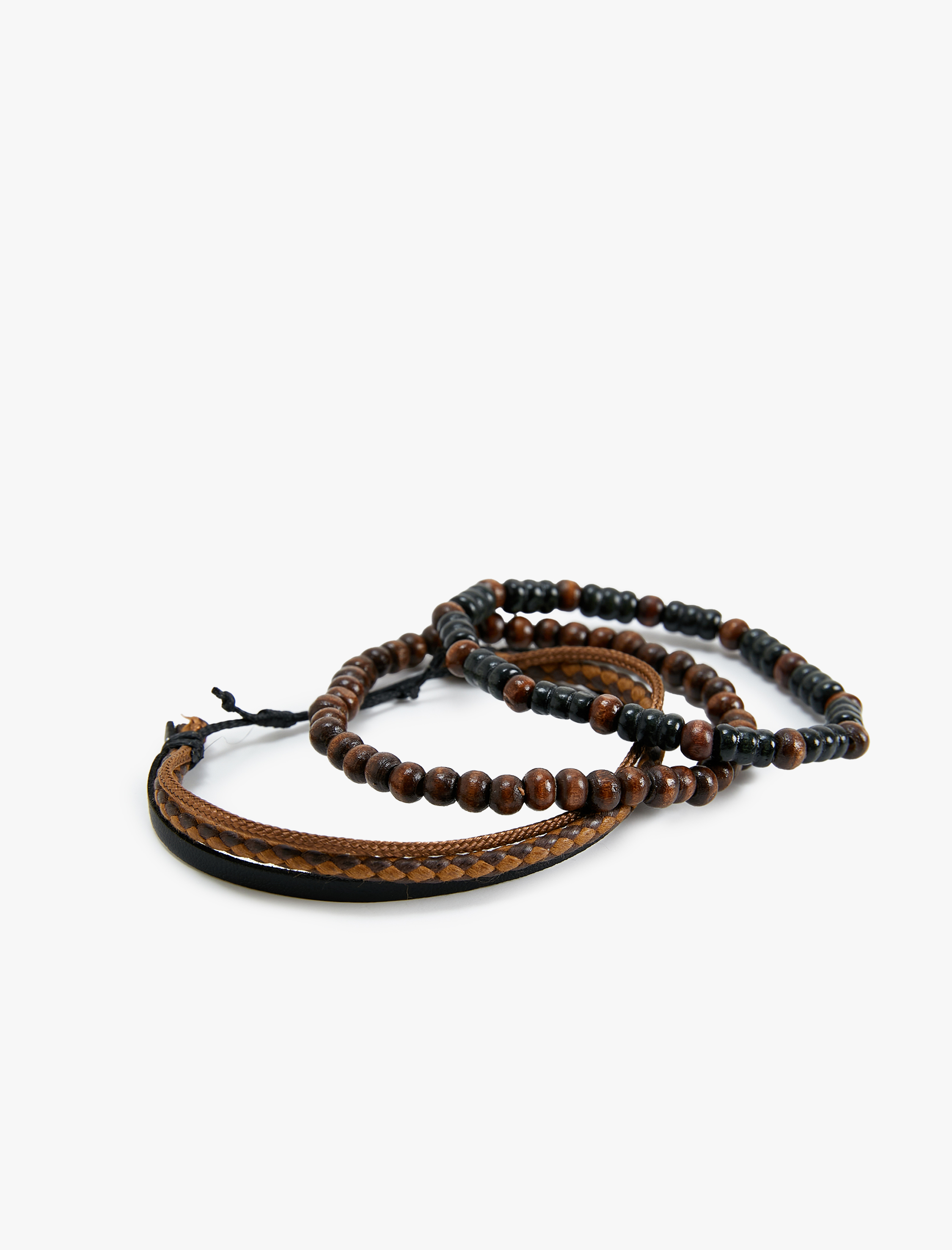  Erkek Bileklik Seti 3'lü Ahşap Boncuklu Deri Görünümlü