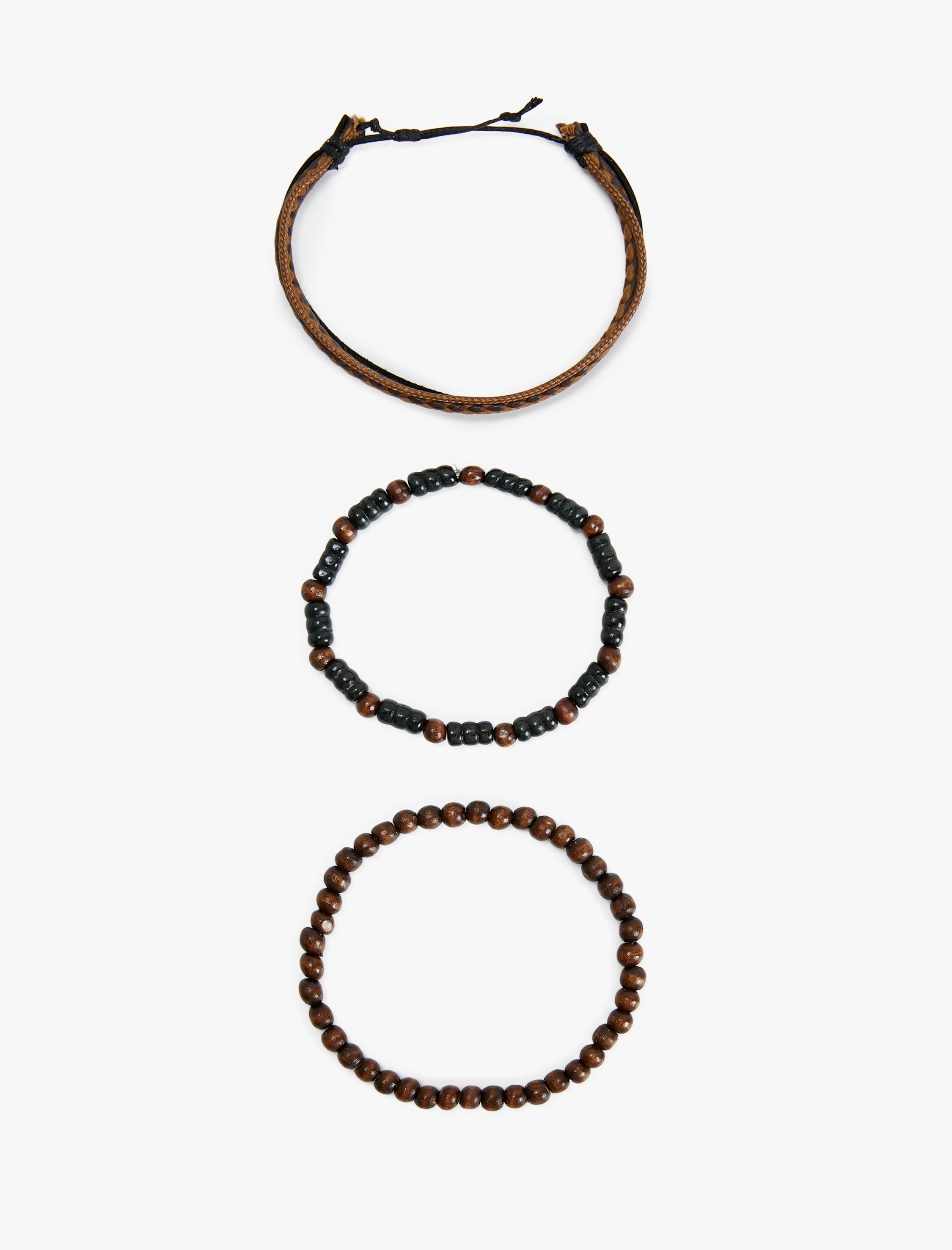  Erkek Bileklik Seti 3'lü Ahşap Boncuklu Deri Görünümlü