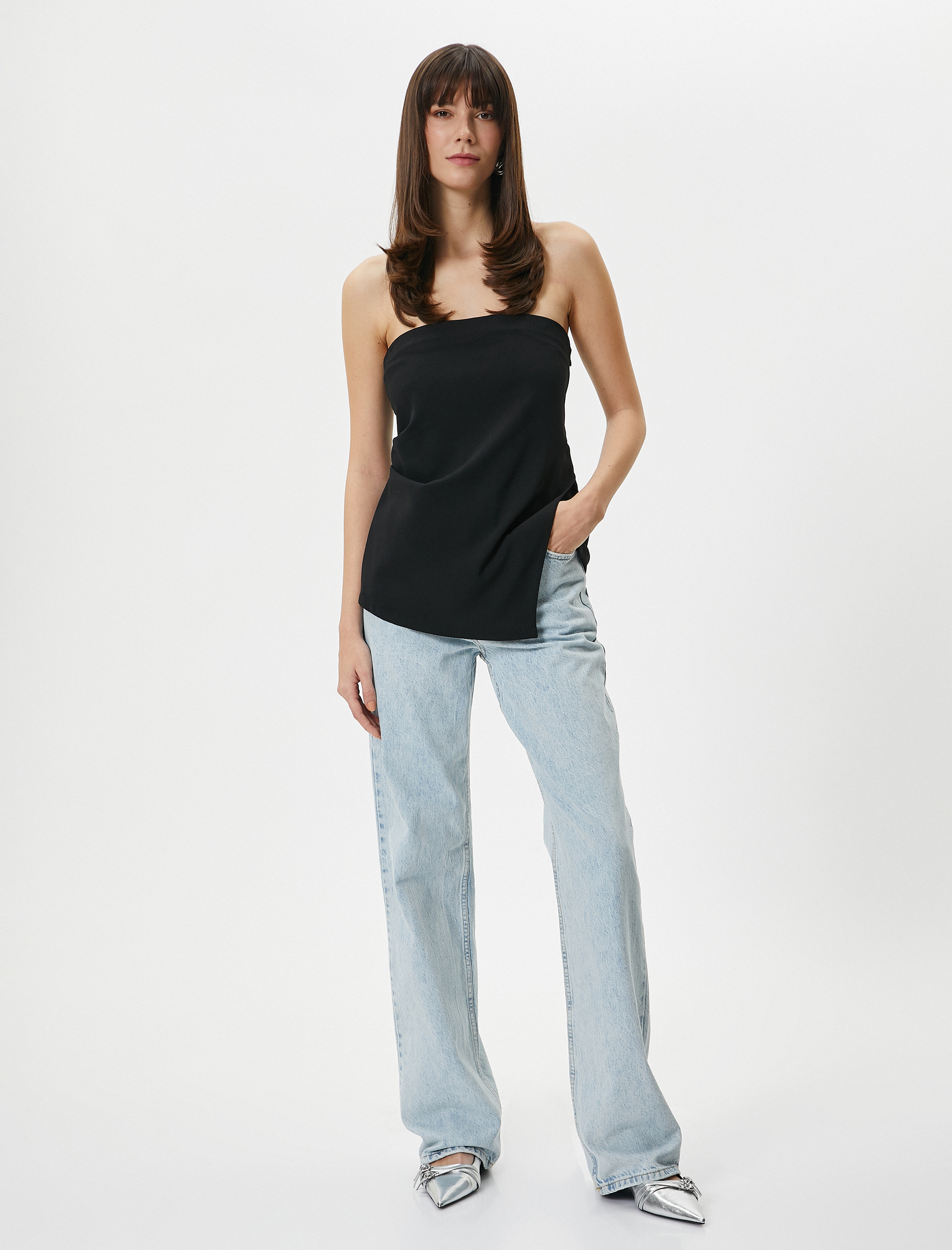   Straplez Bluz Asimetrik Kesim Slim Fit