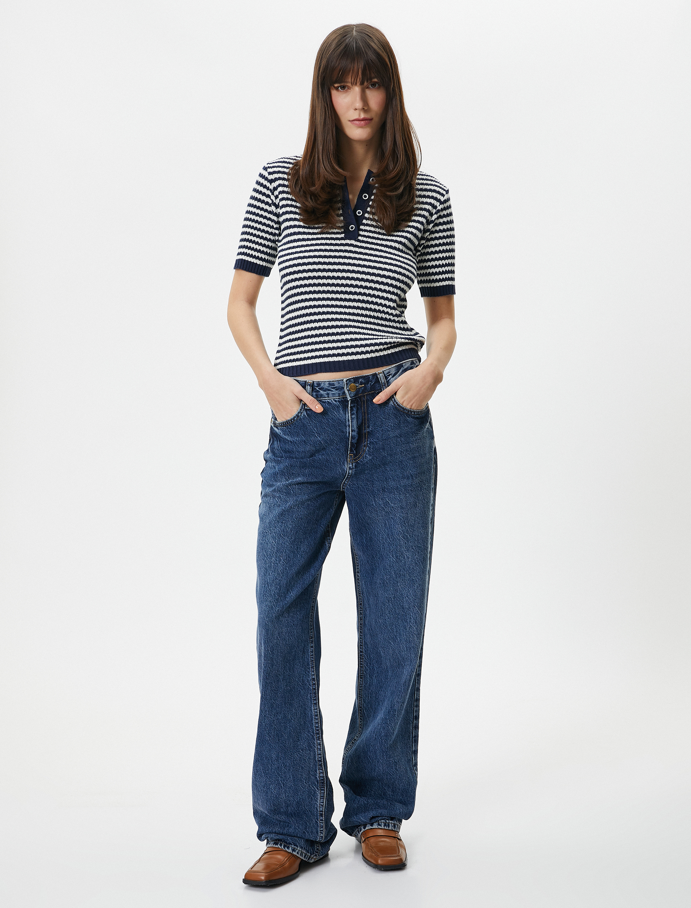   Polo Yaka Kazak Düğmeli Kısa Kollu