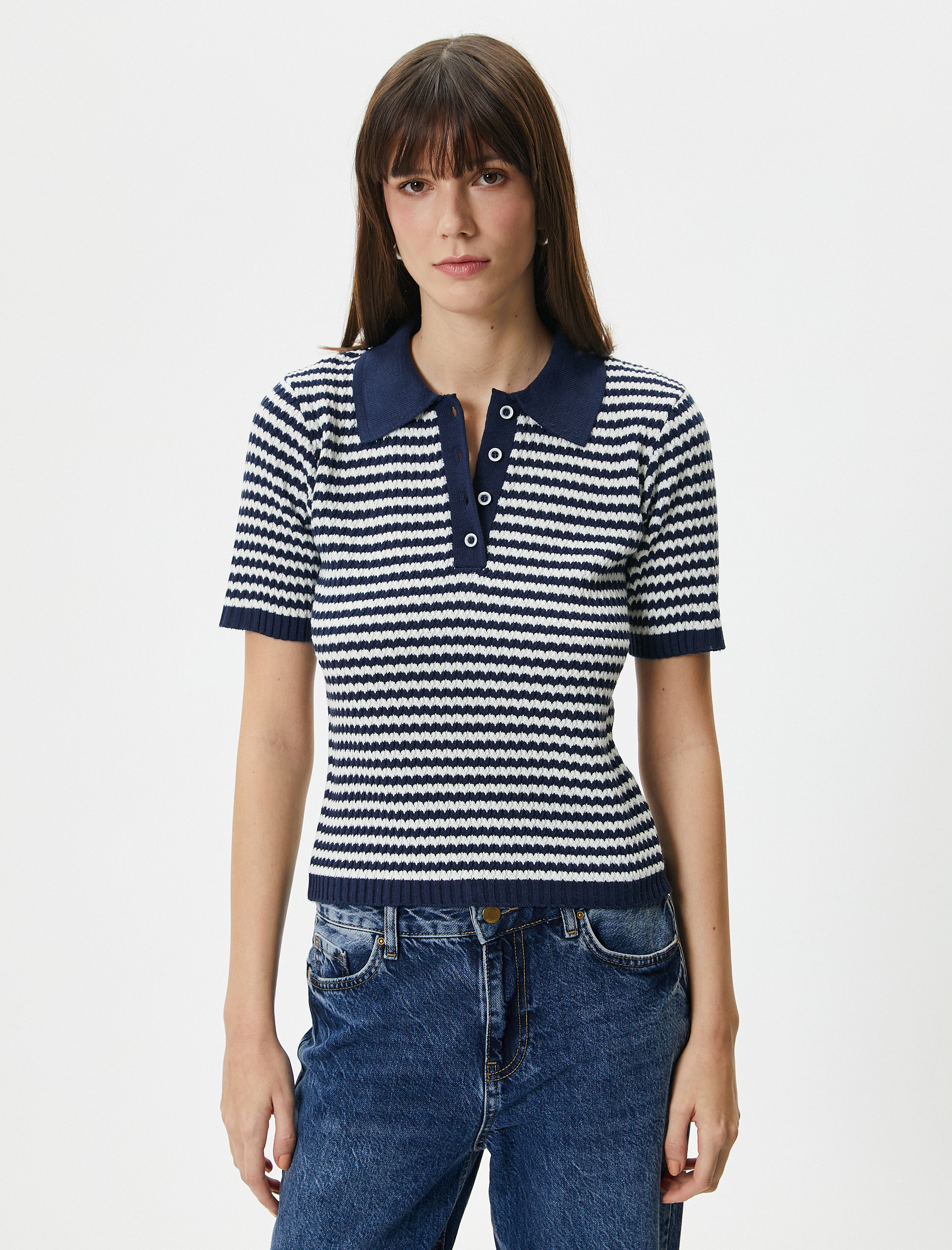   Polo Yaka Kazak Düğmeli Kısa Kollu