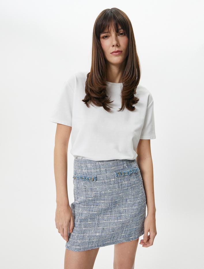  Tüvit Mini Etek Yüksek Bel Zincir Detaylı