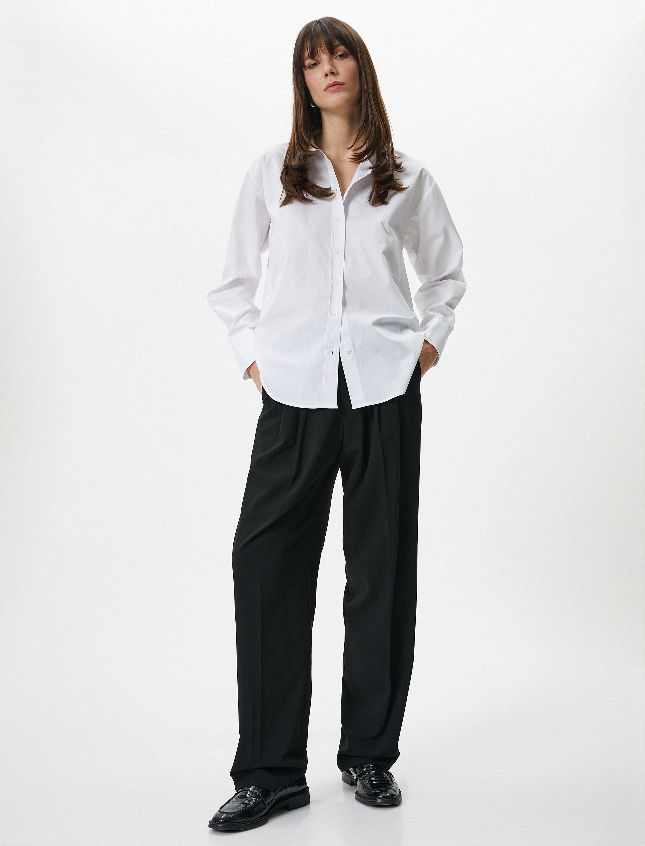   Uzun Kollu Poplin Gömlek Düğmeli Pamuklu Standart Kesim