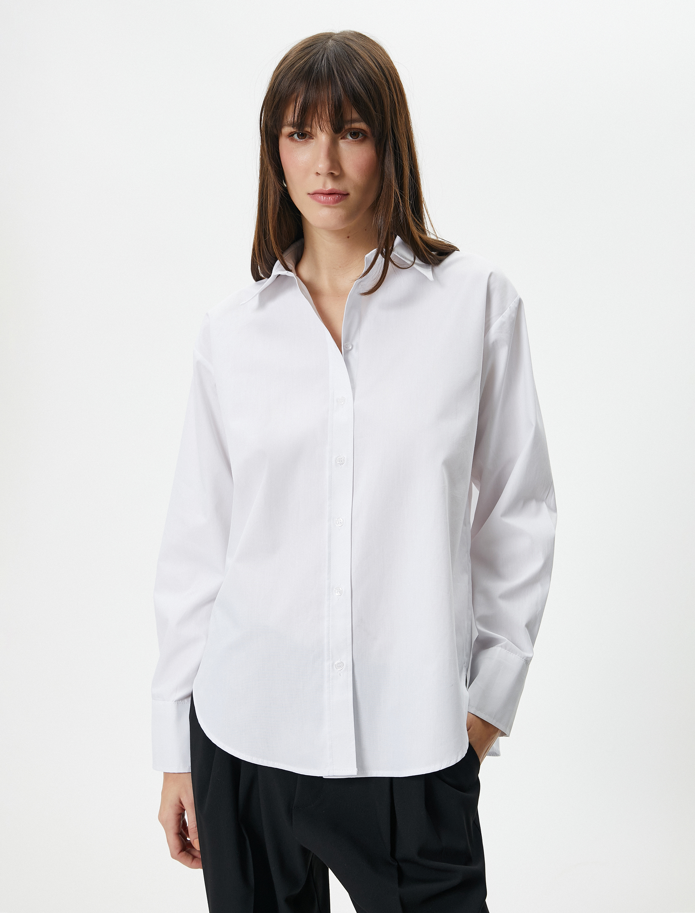   Uzun Kollu Poplin Gömlek Düğmeli Pamuklu Standart Kesim