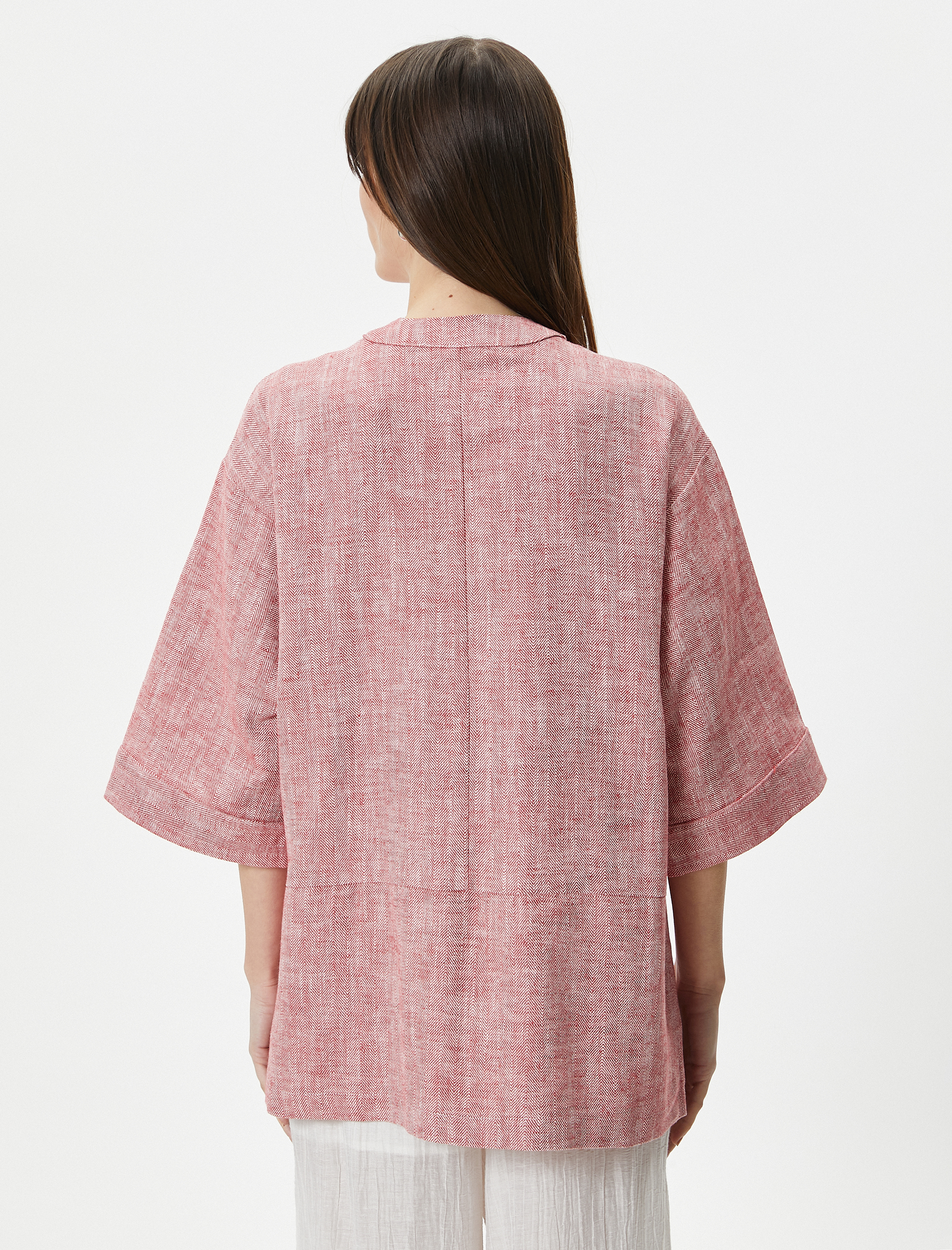   Kimono Geniş Yarım Kollu Cep Detaylı Keten Pamuk Karışımlı