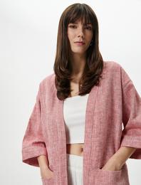 Kimono Geniş Yarım Kollu Cep Detaylı Keten Pamuk Karışımlı