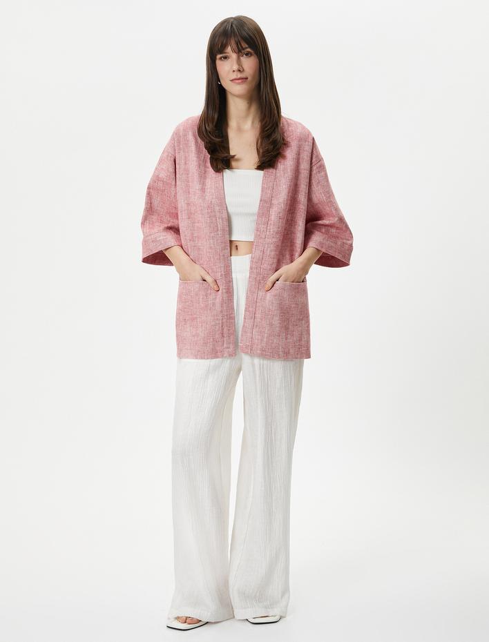  Kimono Geniş Yarım Kollu Cep Detaylı Keten Pamuk Karışımlı