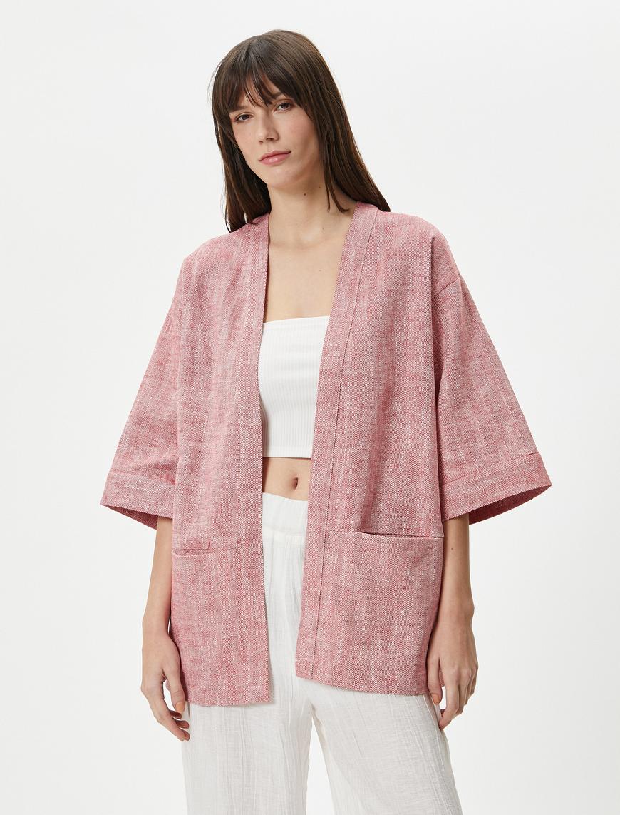   Kimono Geniş Yarım Kollu Cep Detaylı Keten Pamuk Karışımlı